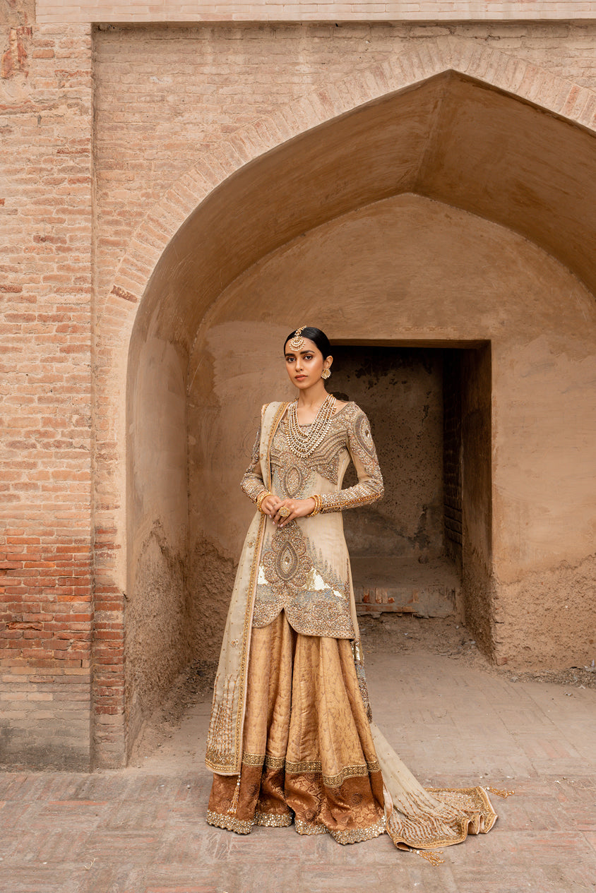 Pakistani Champagne Gold Embroidered Organza Gown with Jamawar Lehenga (3-Piece) - Image 6