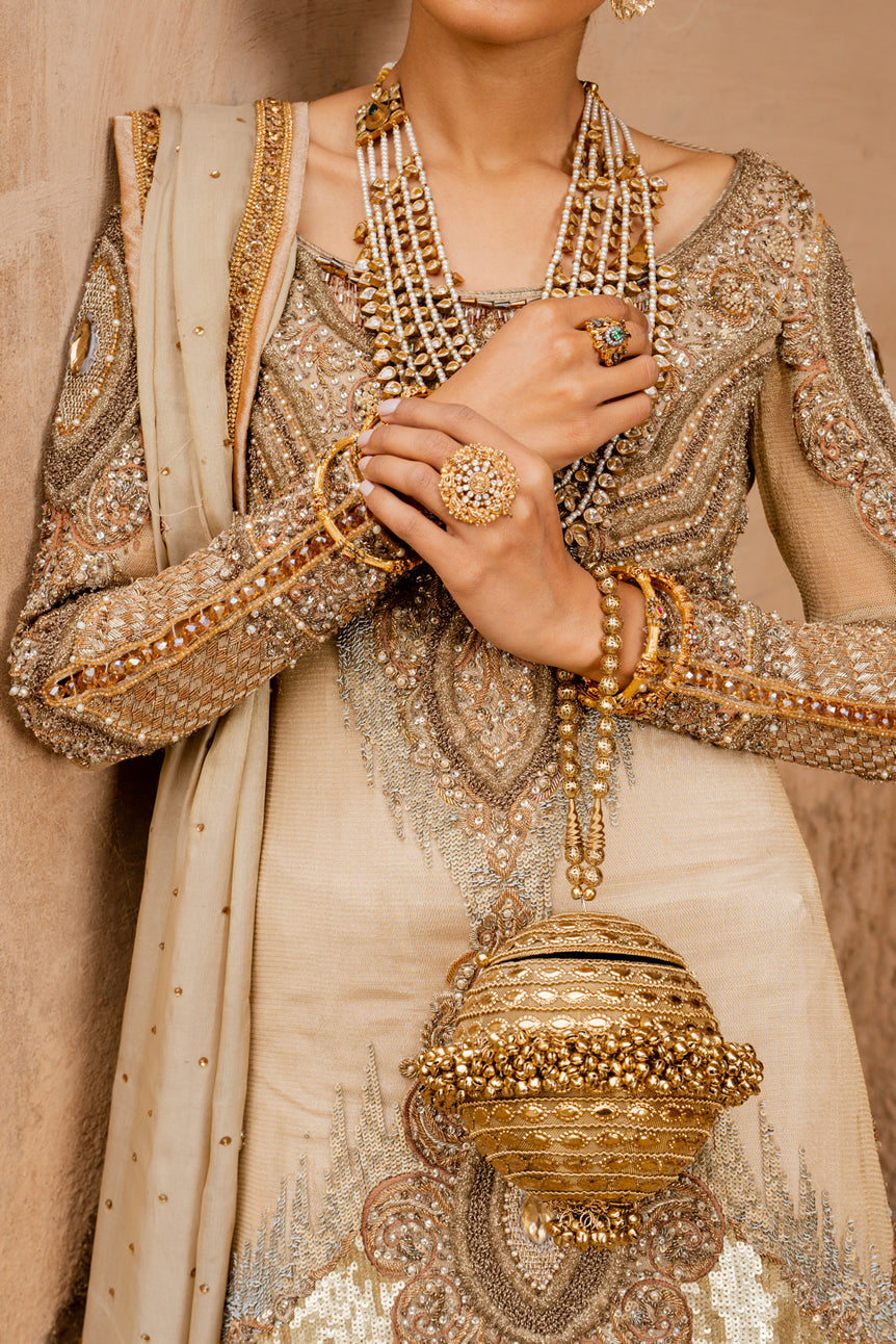 Pakistani Champagne Gold Embroidered Organza Gown with Jamawar Lehenga (3-Piece) - Image 7