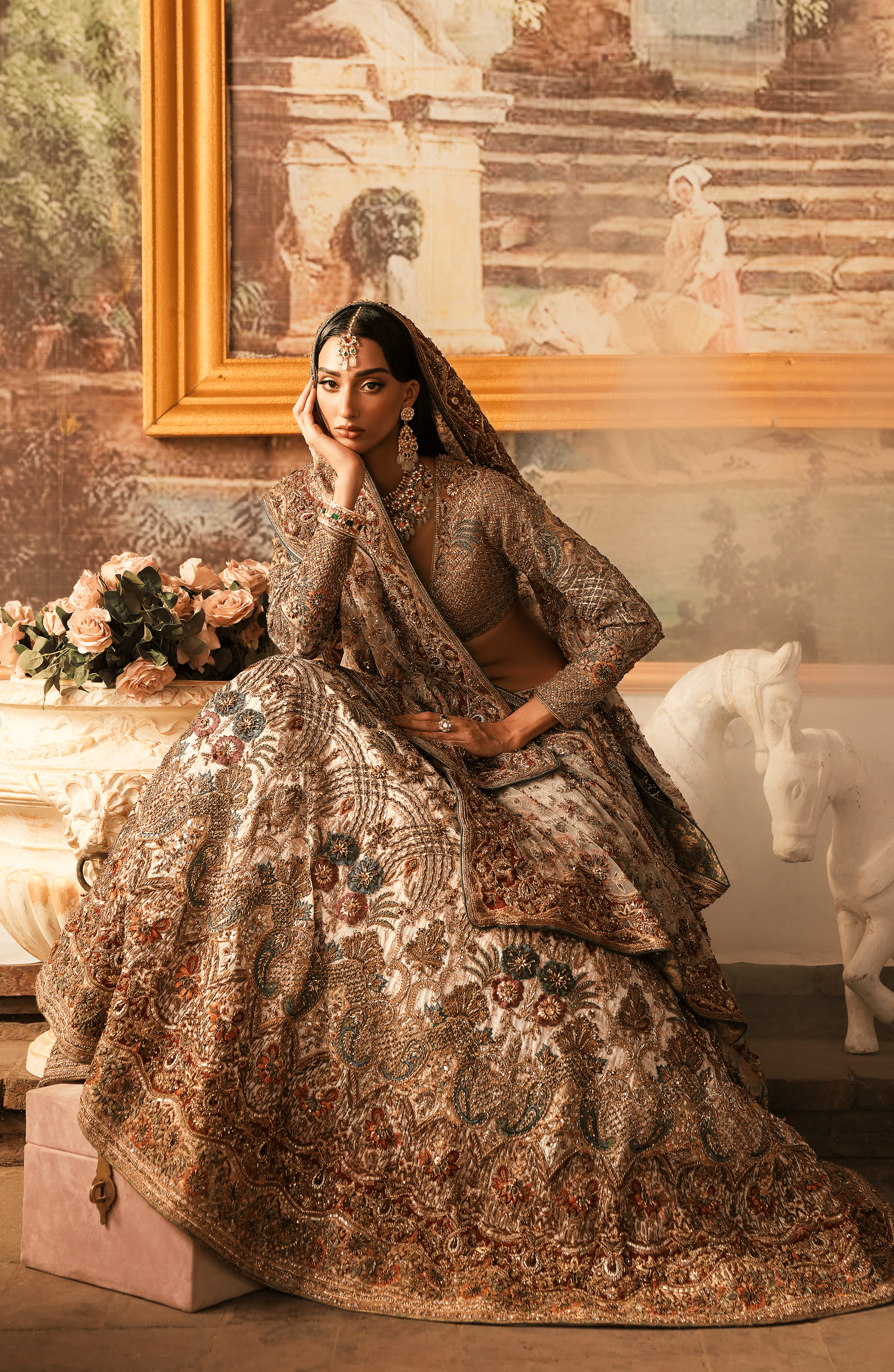 White-Gold Zardozi Jamawar Silk Bridal Lehenga Choli (3-Piece) - Image 10