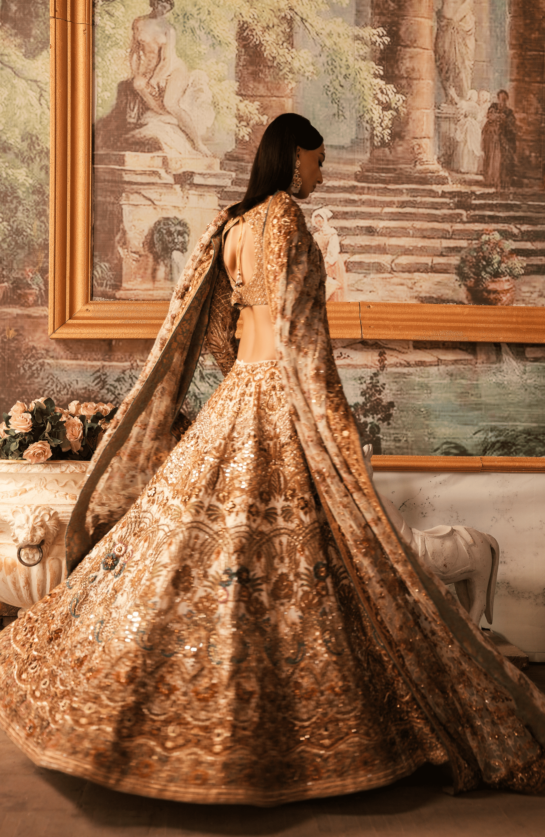 White-Gold Zardozi Jamawar Silk Bridal Lehenga Choli (3-Piece) - Image 11