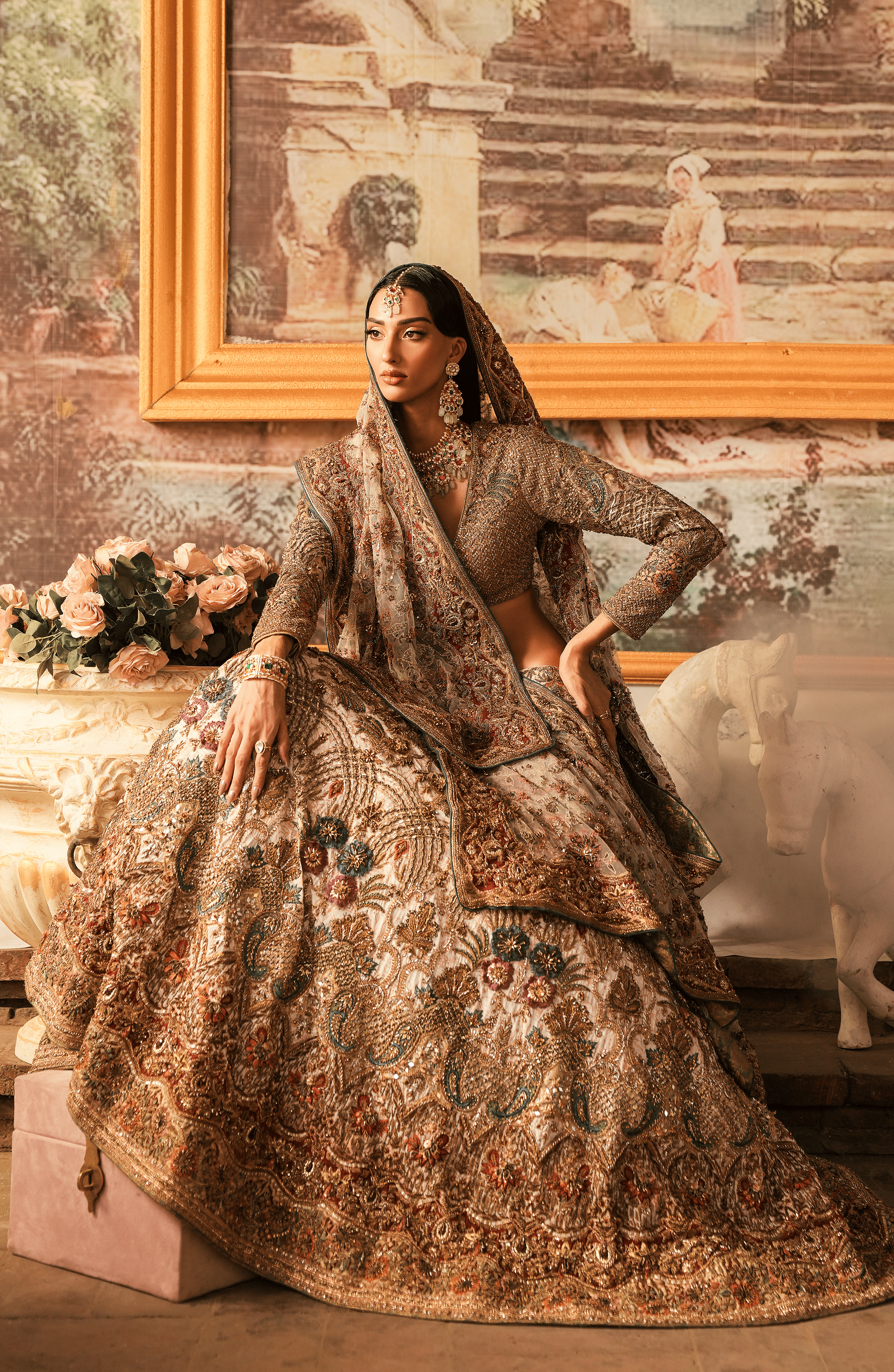 White-Gold Zardozi Jamawar Silk Bridal Lehenga Choli (3-Piece) - Image 9