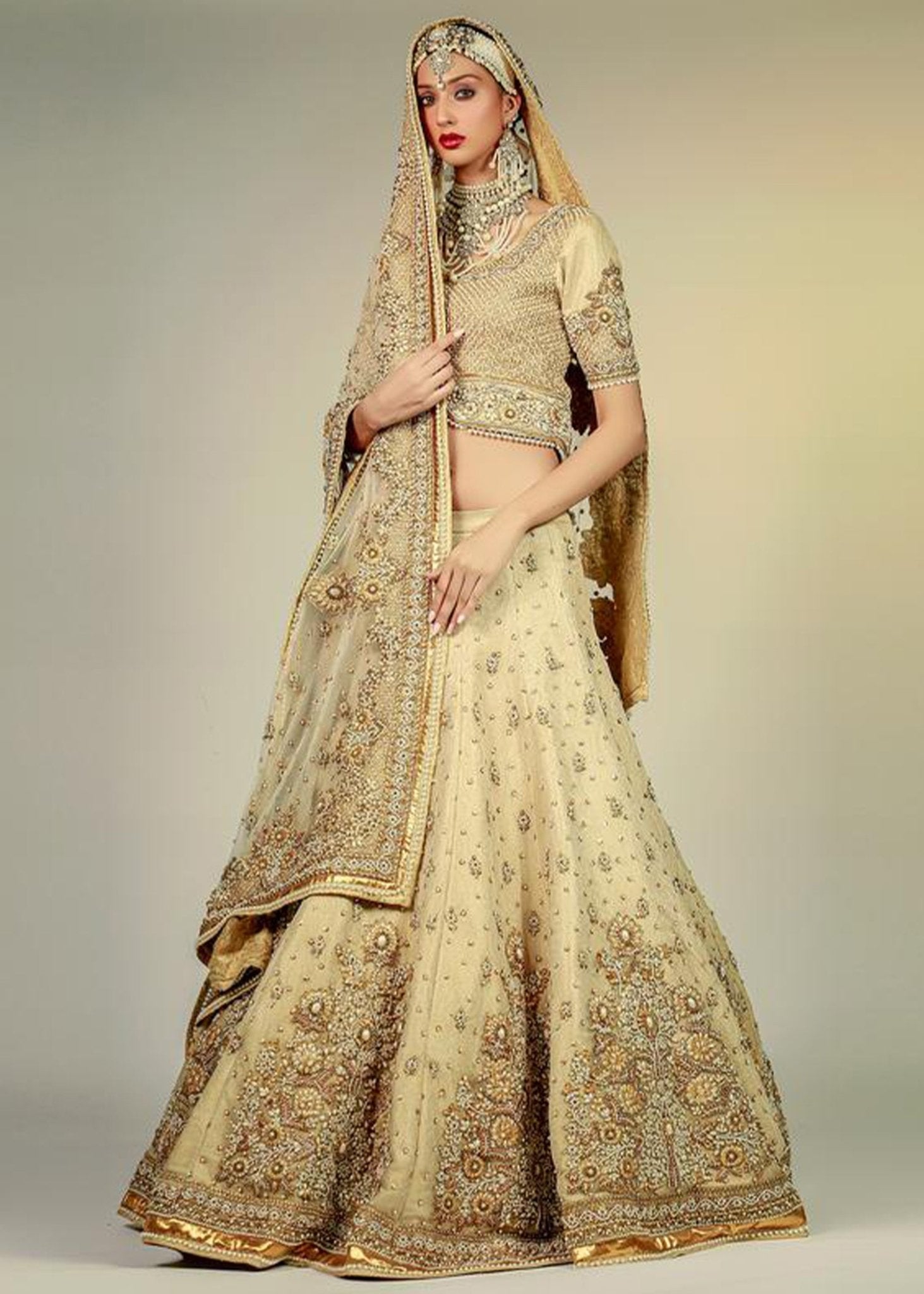Pakistani Gold Zardozi Korean Net & Jamawar Lehenga Choli (3-Piece) - Image 1