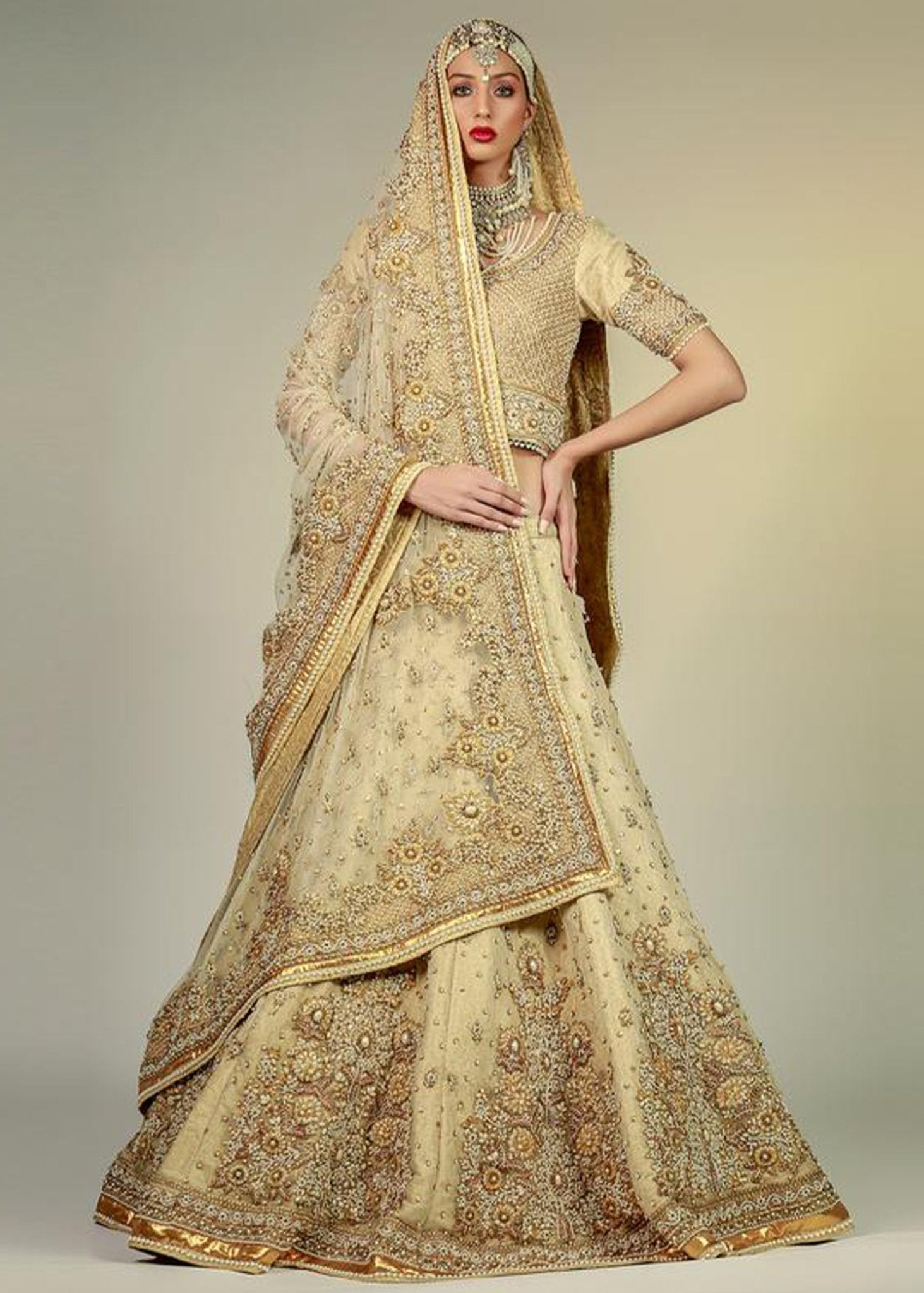 Pakistani Gold Zardozi Korean Net & Jamawar Lehenga Choli (3-Piece) - Image 2