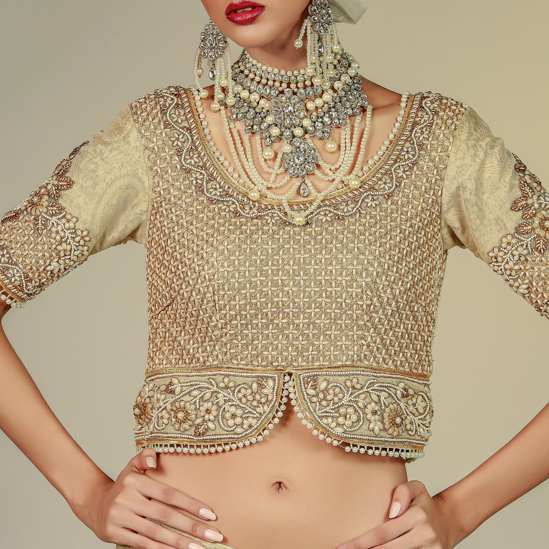 Pakistani Gold Zardozi Korean Net & Jamawar Lehenga Choli (3-Piece) - Image 5