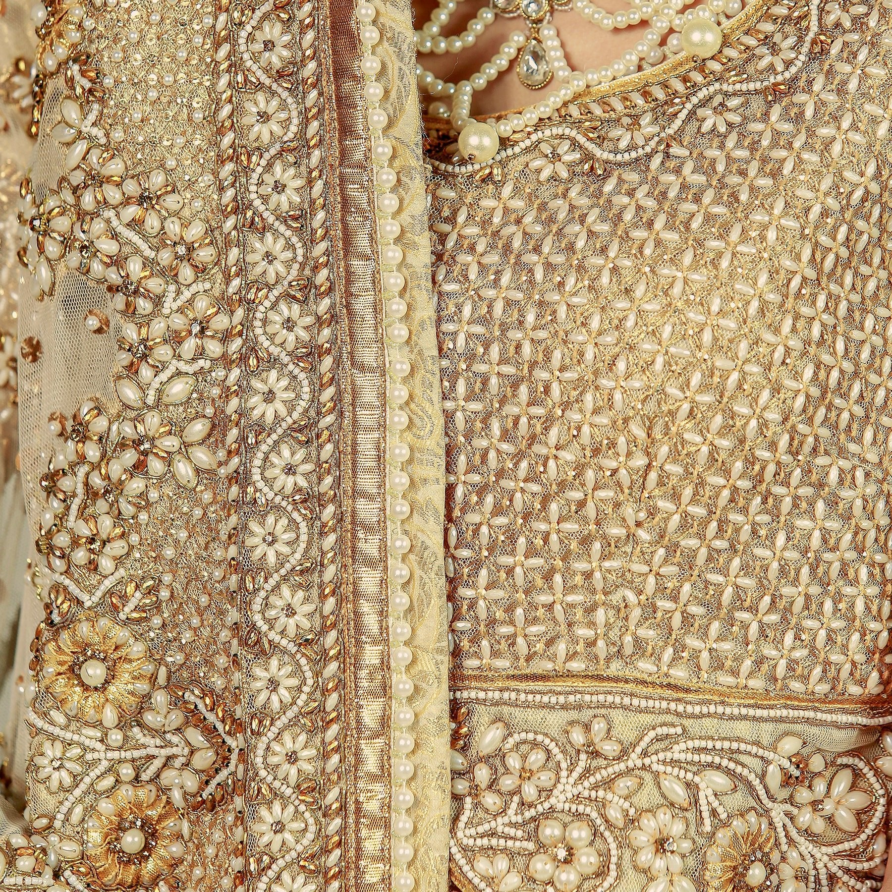 Pakistani Gold Zardozi Korean Net & Jamawar Lehenga Choli (3-Piece) - Image 8