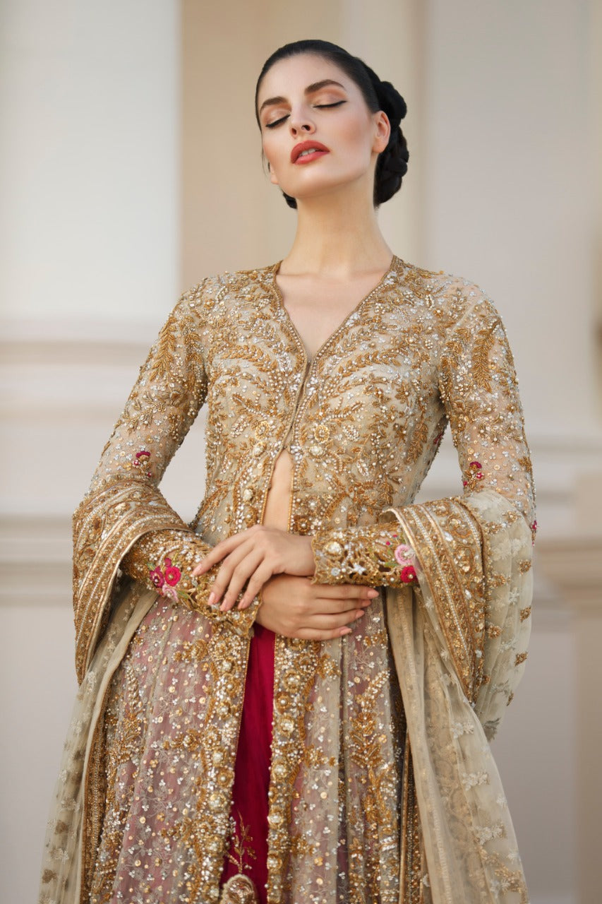 Pakistani Gold Zardozi Net Peshwas with Jamawar Lehnga (3-Piece) - Image 1
