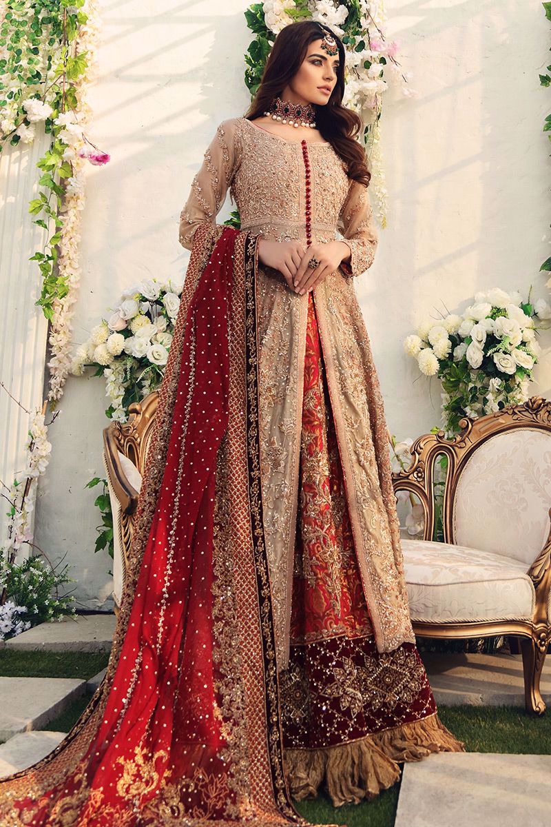 Golden Embroidered Tissue Gown with Jamawar Lehenga (3-Piece) - Image 1