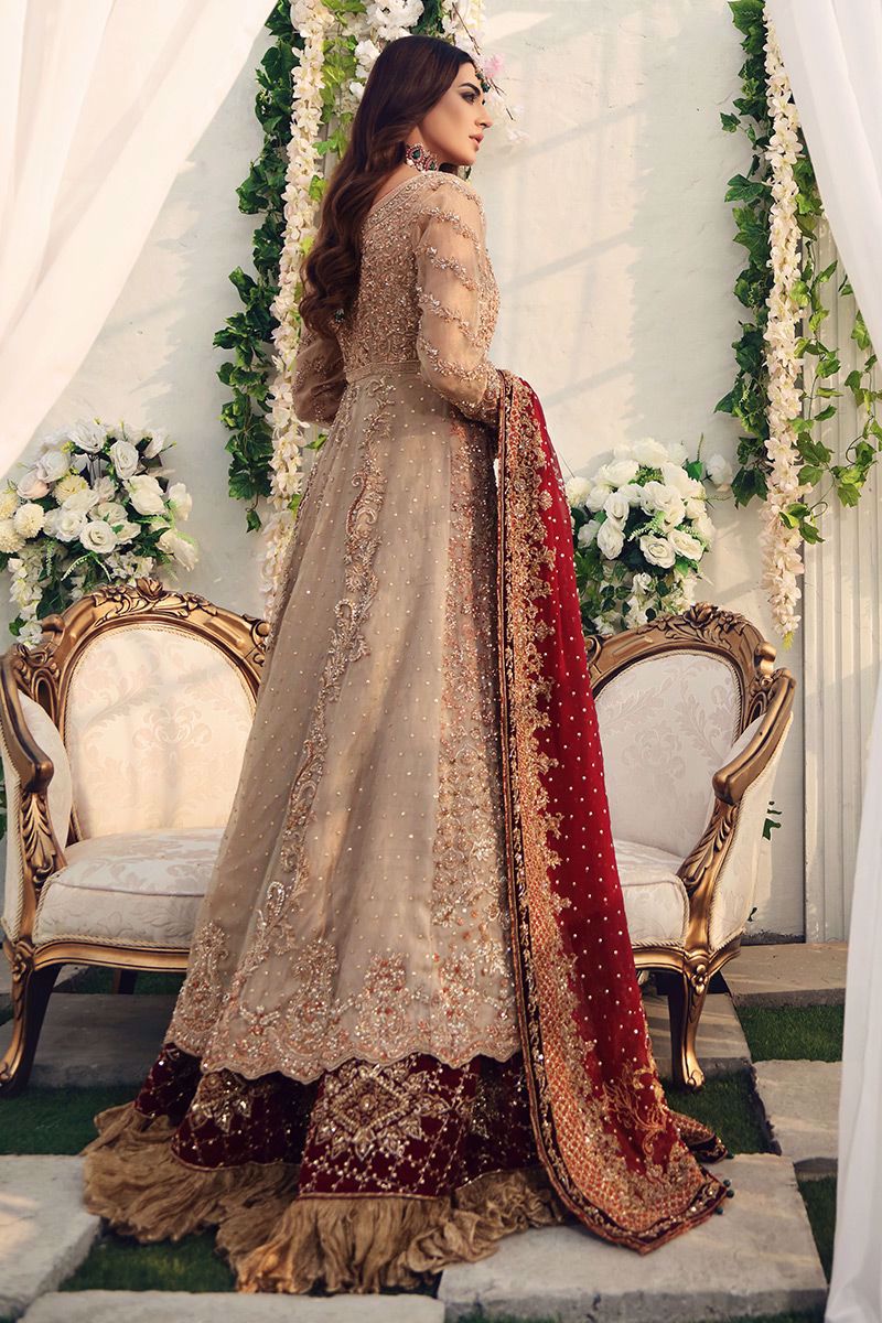 Golden Embroidered Tissue Gown with Jamawar Lehenga (3-Piece) - Image 2