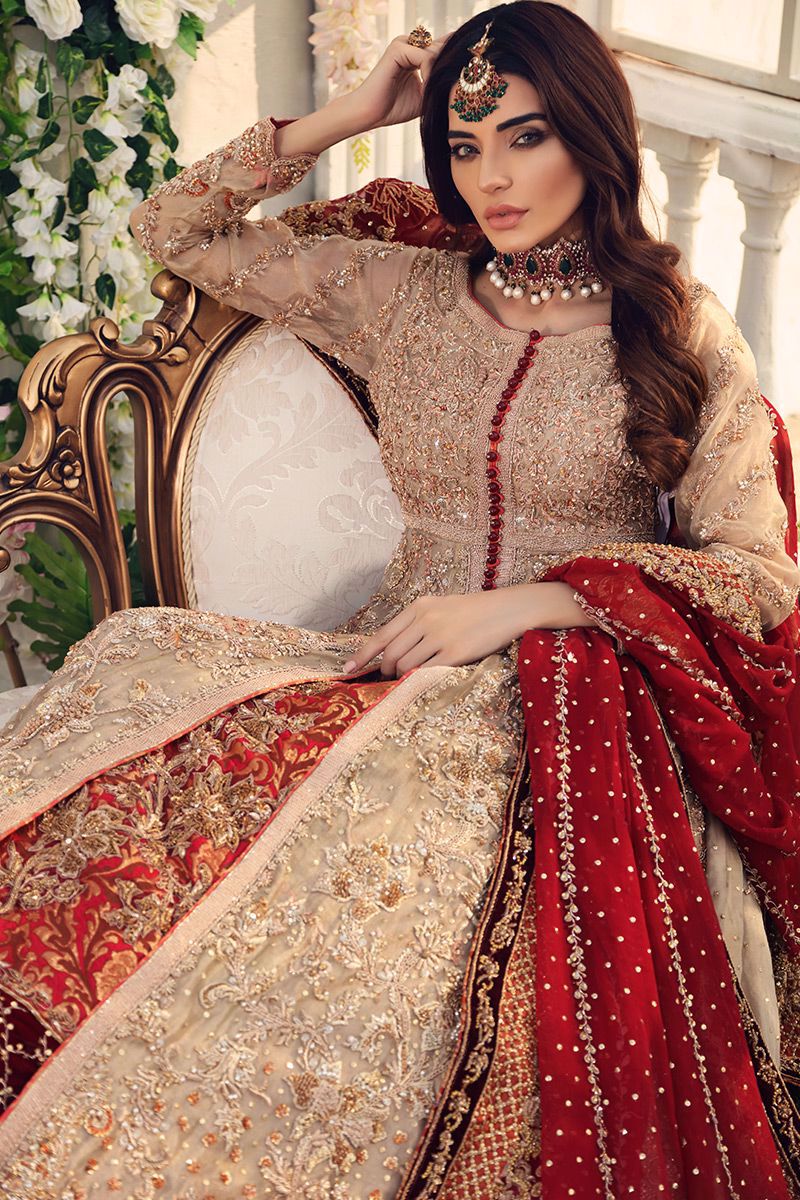 Golden Embroidered Tissue Gown with Jamawar Lehenga (3-Piece) - Image 3