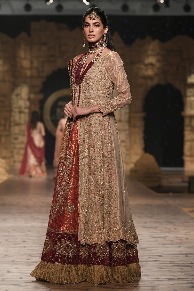 Pakistani Gold Embroidered Tissue Gown with Jamawar Lehnga (3-Piece) - Image 1