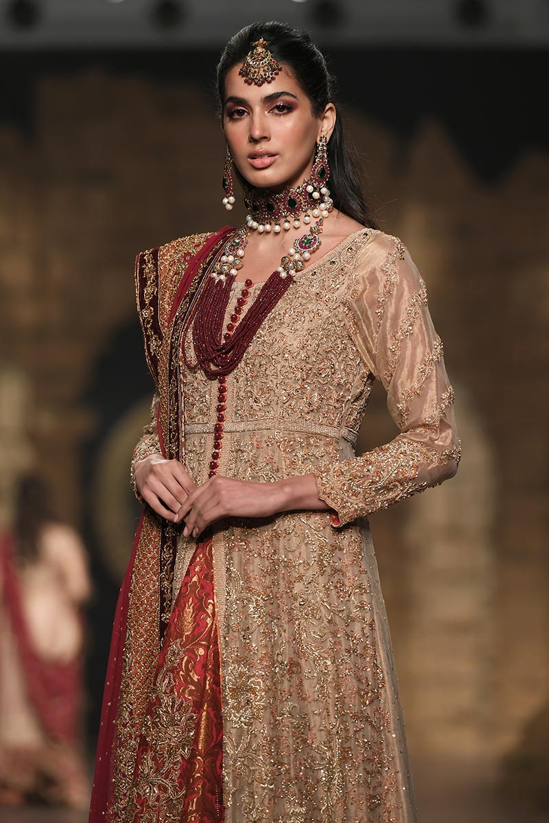 Pakistani Gold Embroidered Tissue Gown with Jamawar Lehnga (3-Piece) - Image 2