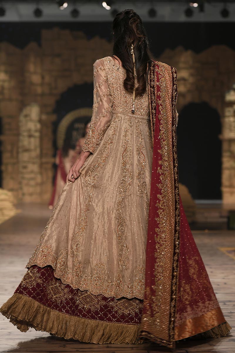 Pakistani Gold Embroidered Tissue Gown with Jamawar Lehnga (3-Piece) - Image 3