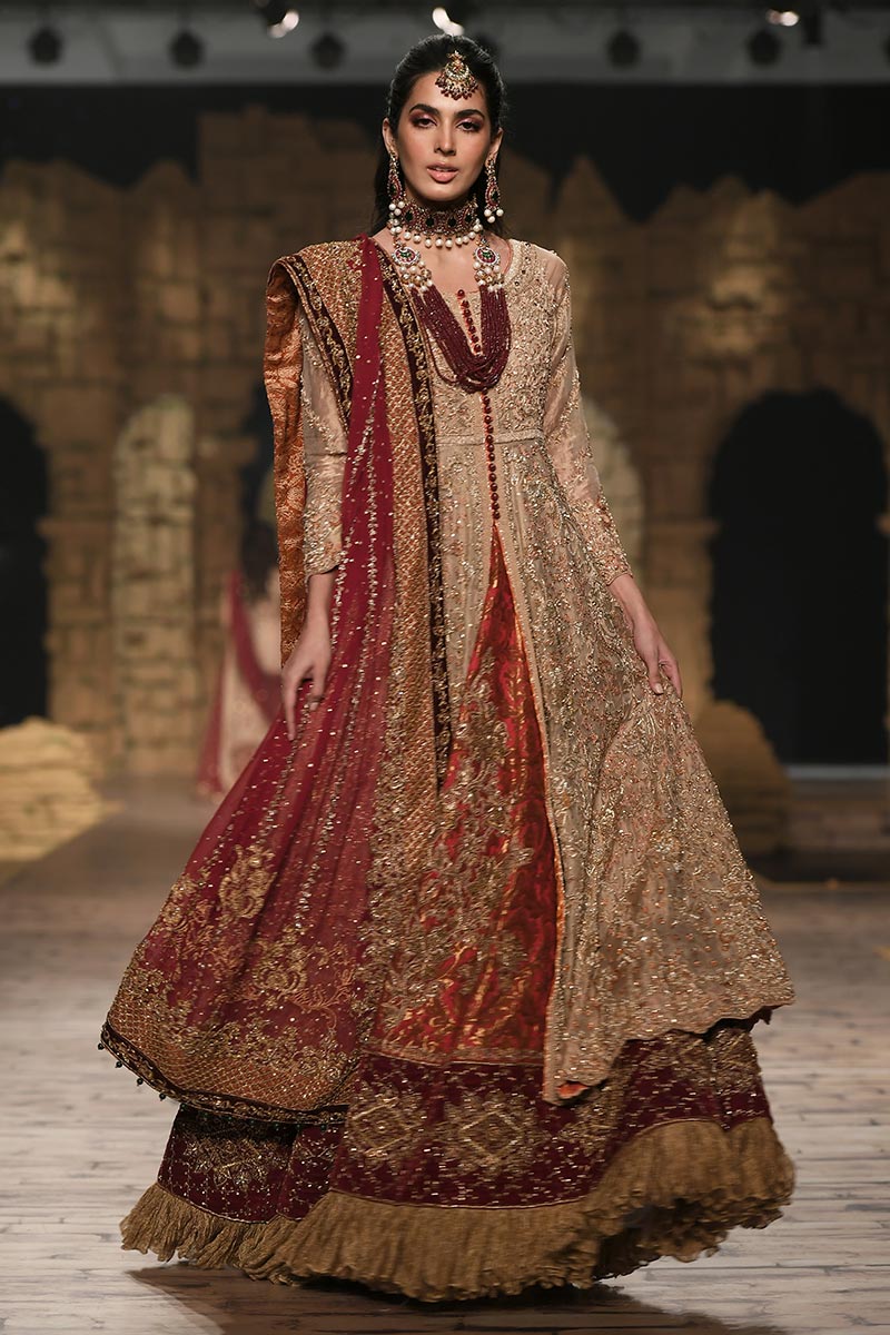 Pakistani Gold Embroidered Tissue Gown with Jamawar Lehnga (3-Piece) - Image 4