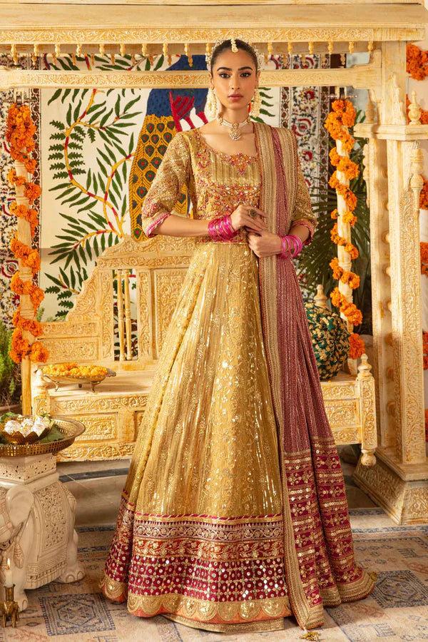 Pakistani Gold Embroidered Chiffon Kalidaar Lehenga (3-Piece) - Image 1