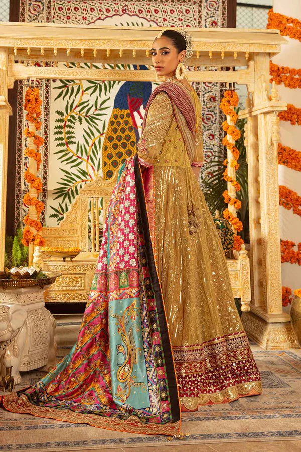 Pakistani Gold Embroidered Chiffon Kalidaar Lehenga (3-Piece) - Image 2