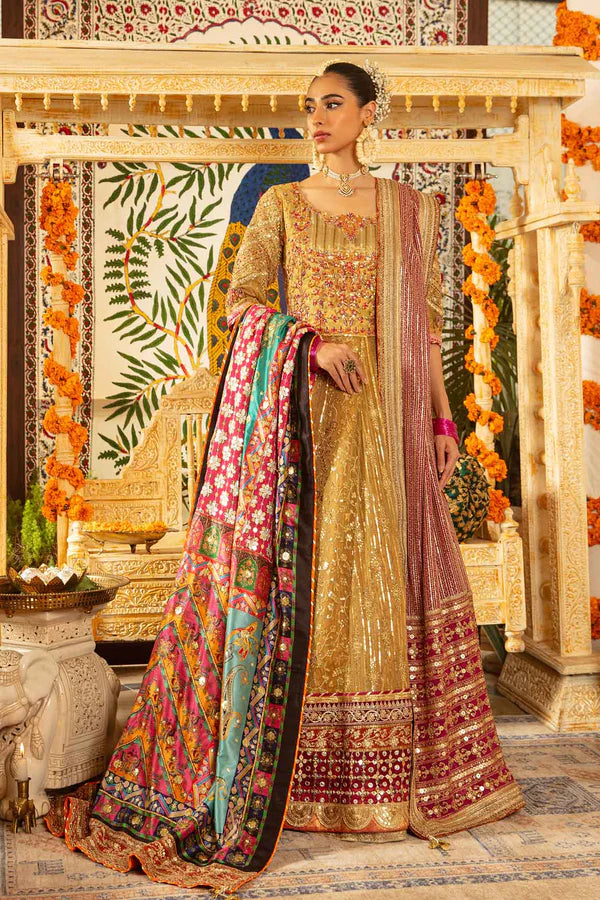 Pakistani Gold Embroidered Chiffon Kalidaar Lehenga (3-Piece) - Image 4