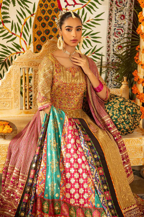 Pakistani Gold Embroidered Chiffon Kalidaar Lehenga (3-Piece) - Image 5
