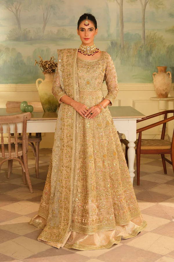 Pakistani Golden Champagne Embroidered Net Jamawar Bridal Lehenga (3-Piece) - Image 1