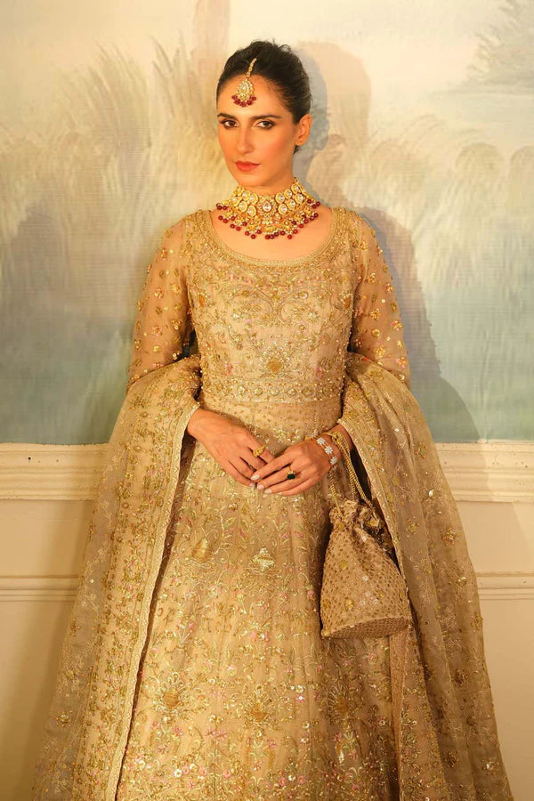 Pakistani Golden Champagne Embroidered Net Jamawar Bridal Lehenga (3-Piece) - Image 3
