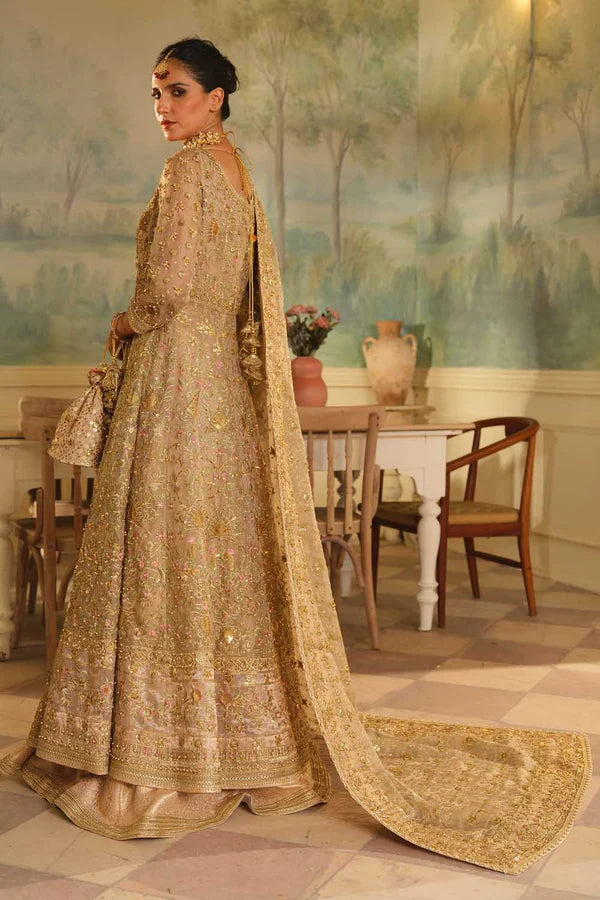 Pakistani Golden Champagne Embroidered Net Jamawar Bridal Lehenga (3-Piece) - Image 4