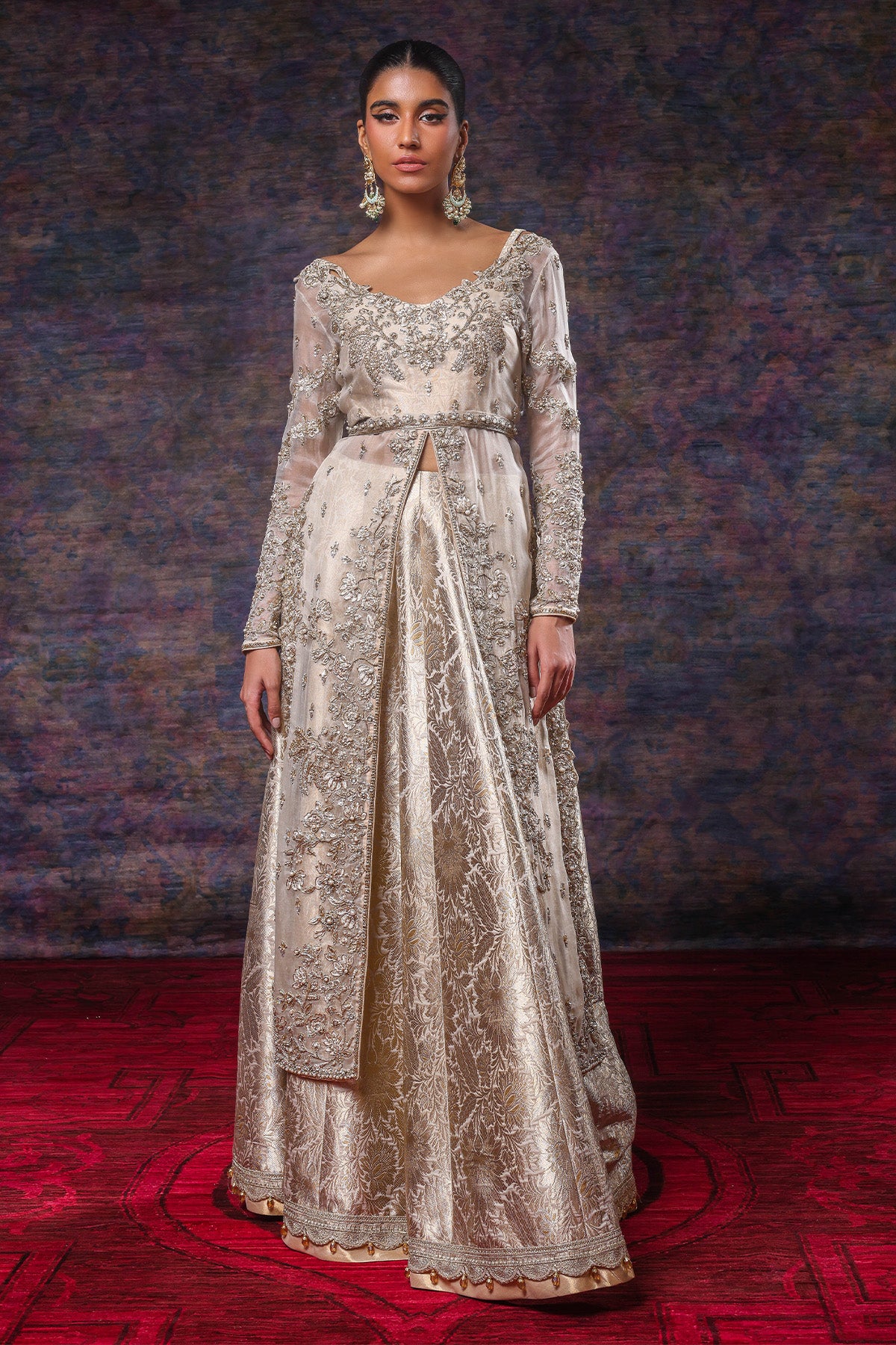 Gold Ivory Zardozi Organza Jamawar Lehenga Gown (3-Piece) - Image 1