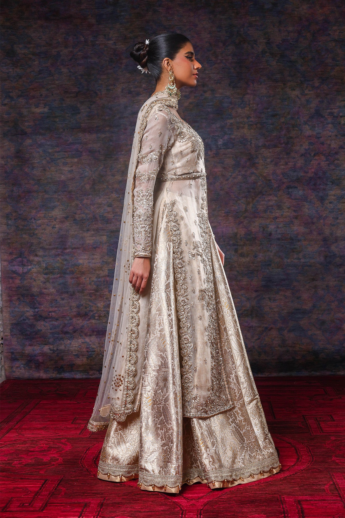 Gold Ivory Zardozi Organza Jamawar Lehenga Gown (3-Piece) - Image 2