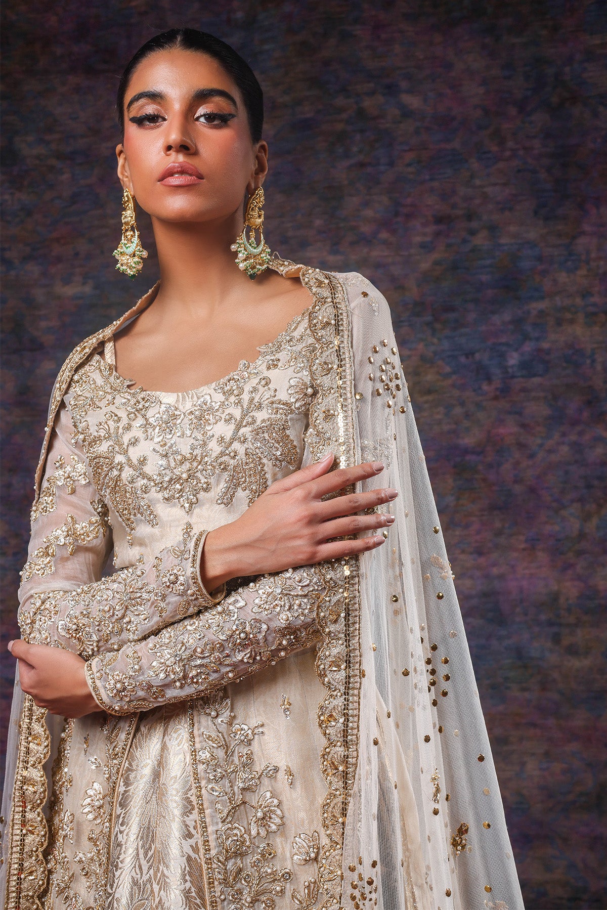 Gold Ivory Zardozi Organza Jamawar Lehenga Gown (3-Piece) - Image 3