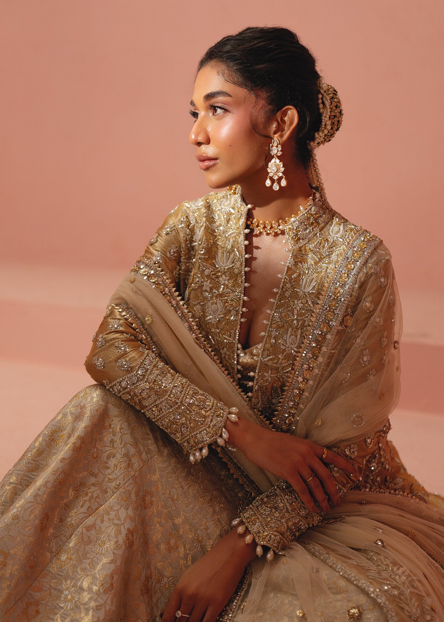 Gold Zardozi Tissue Jacket Lehenga (3-Piece) - Image 5