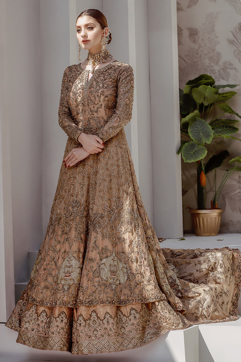 Peachy Gold Embellished Jamawar Lehenga (3-Piece) - Image 1