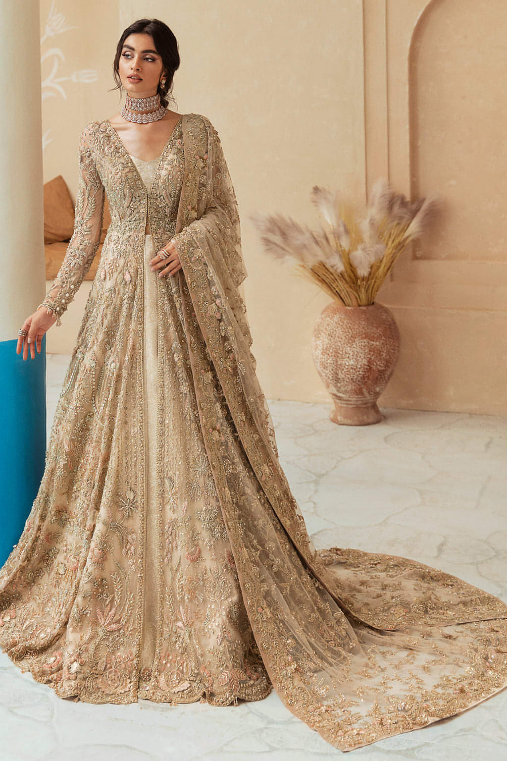Indian Golden-Beige Embroidered Net Bridal Gown (3-Piece) - Image 1