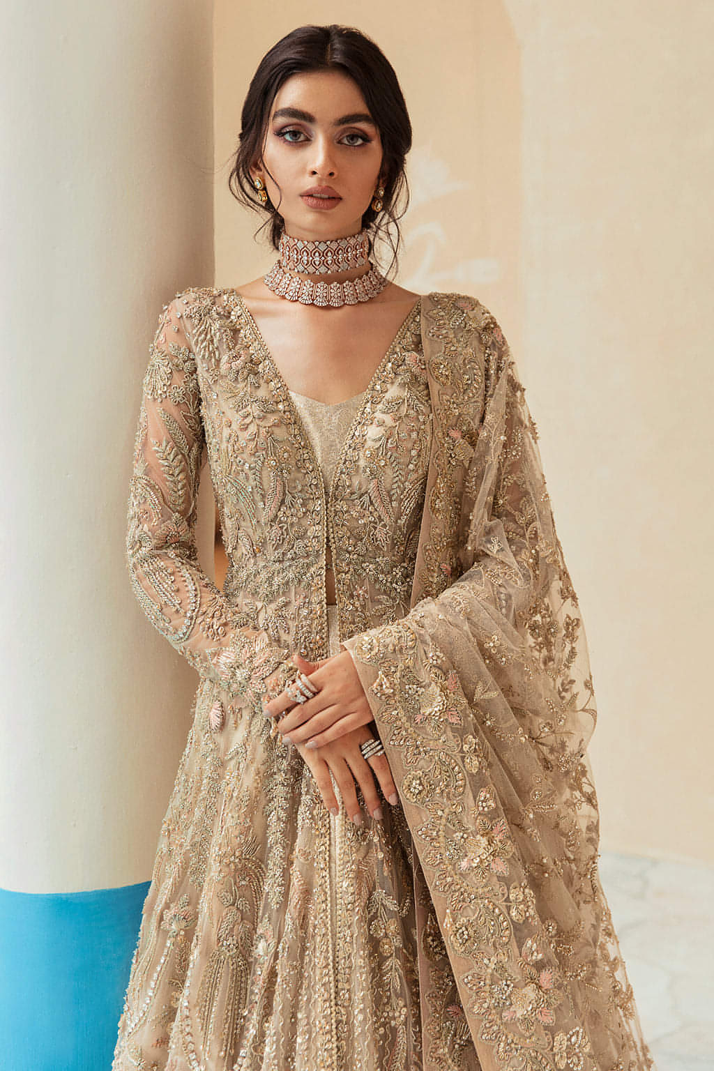 Indian Golden-Beige Embroidered Net Bridal Gown (3-Piece) - Image 3