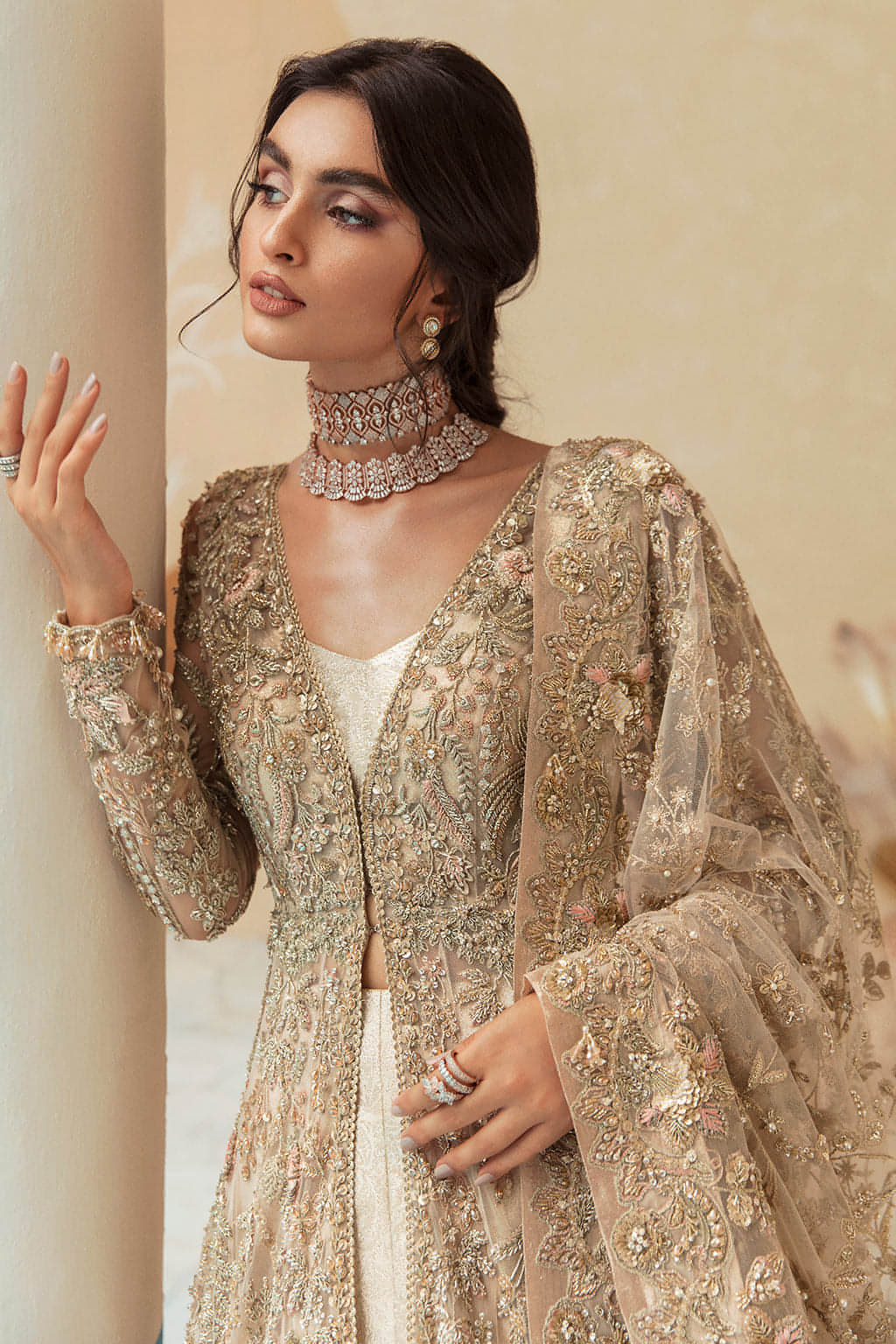Indian Golden-Beige Embroidered Net Bridal Gown (3-Piece) - Image 4