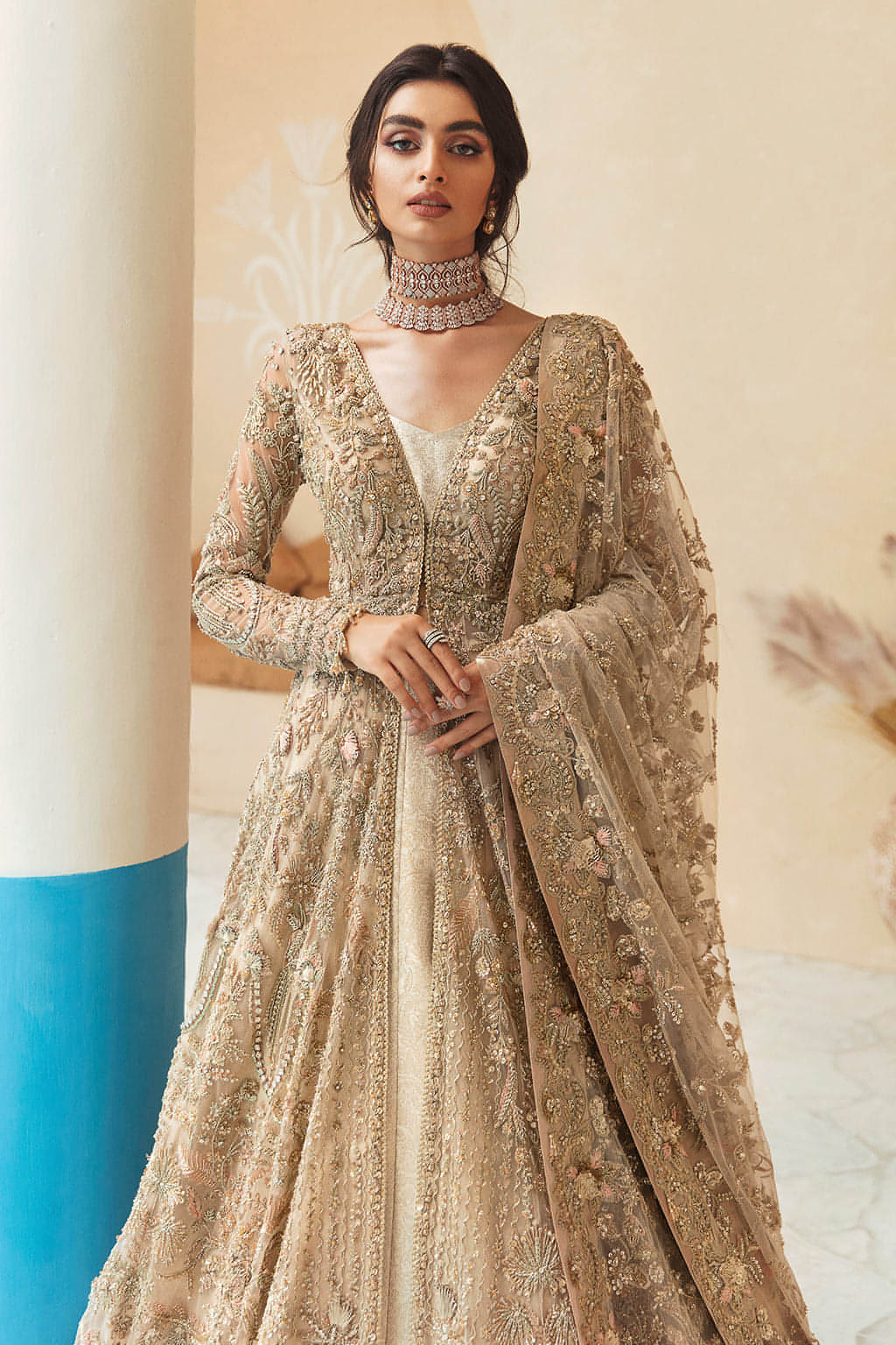 Indian Golden-Beige Embroidered Net Bridal Gown (3-Piece) - Image 5