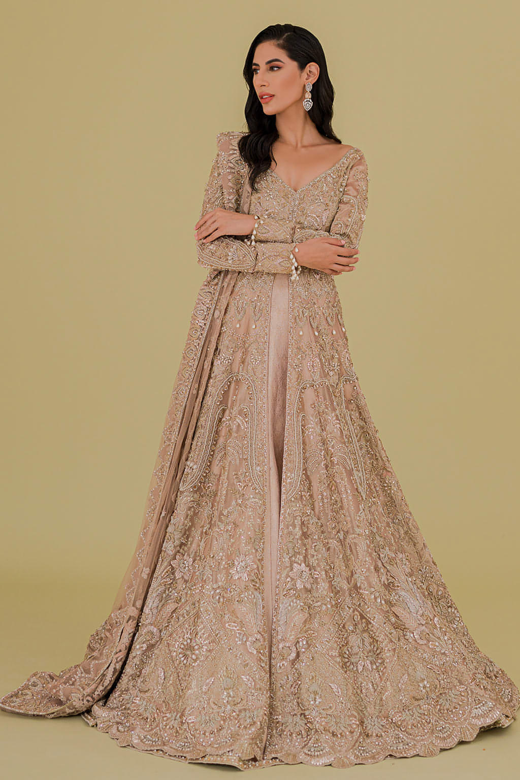 Indian Peachy-Gold Embroidered Tissue Open Gown Lehenga (3-Piece) - Image 1