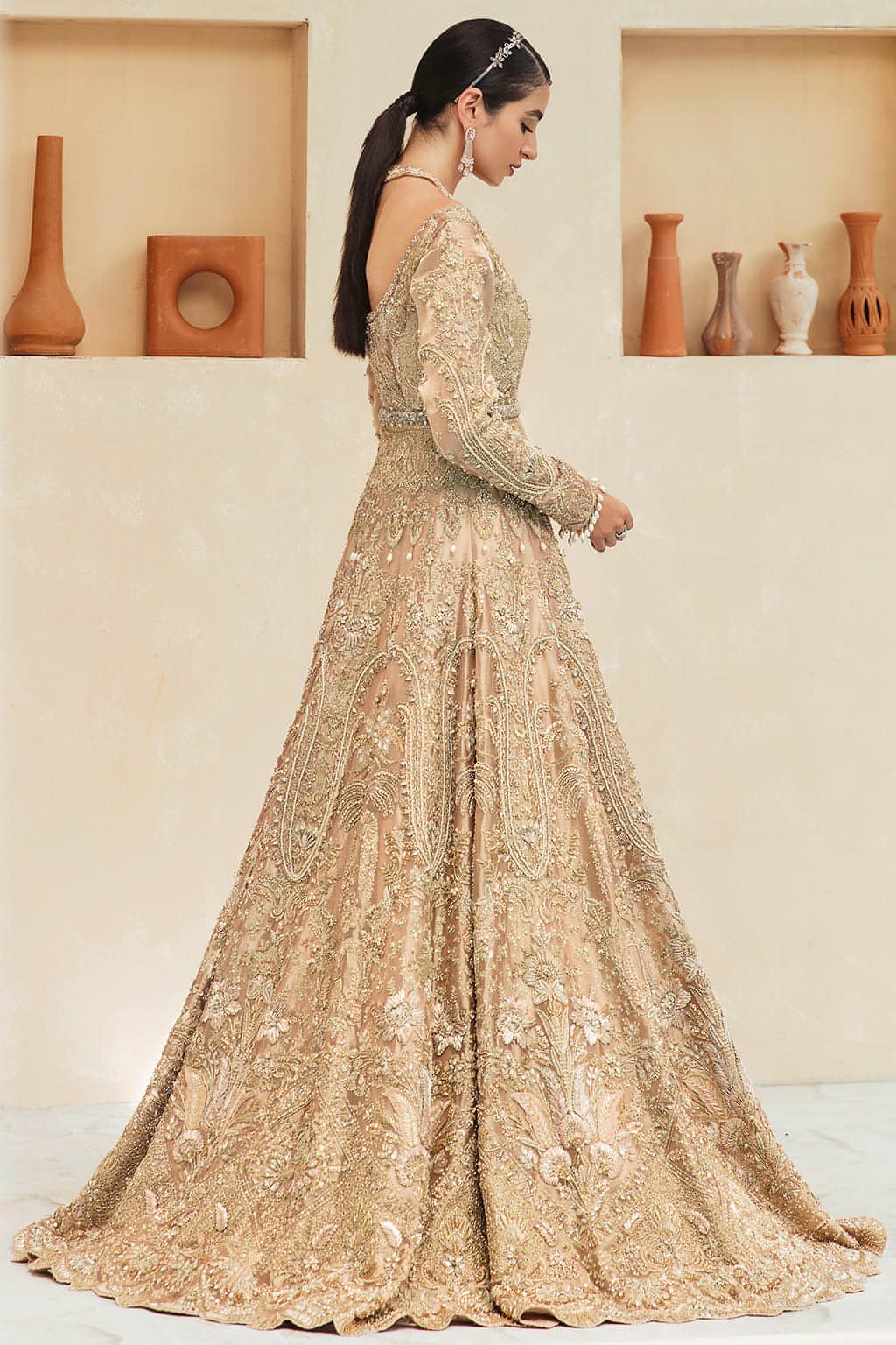 Indian Peachy-Gold Embroidered Tissue Open Gown Lehenga (3-Piece) - Image 2