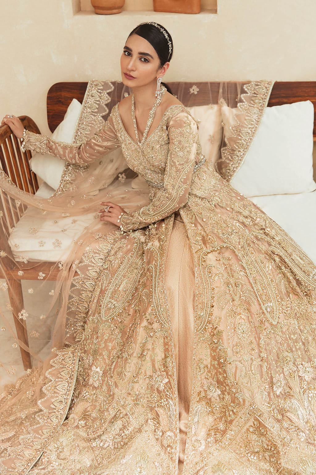 Indian Peachy-Gold Embroidered Tissue Open Gown Lehenga (3-Piece) - Image 3