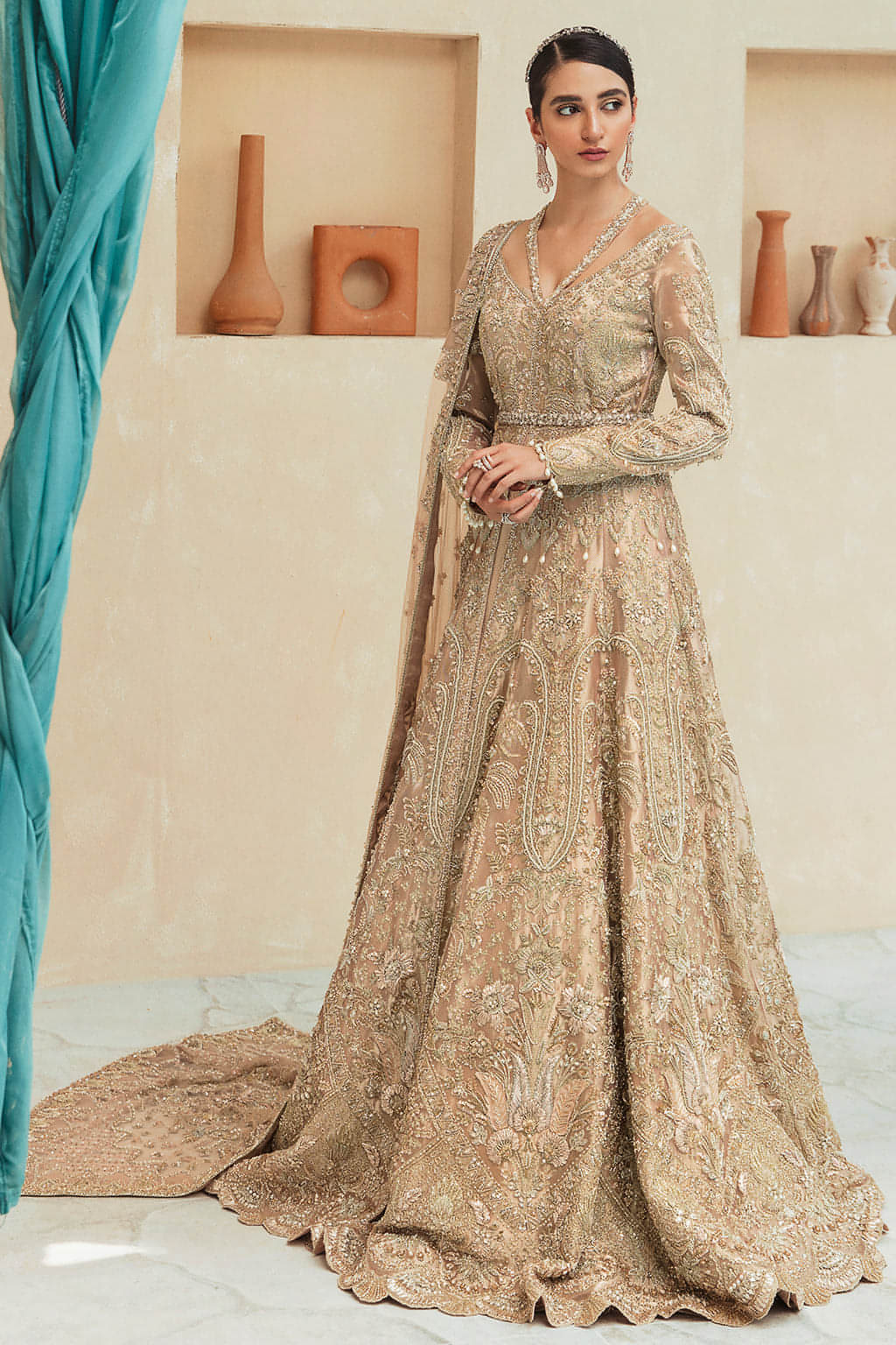 Indian Peachy-Gold Embroidered Tissue Open Gown Lehenga (3-Piece) - Image 4