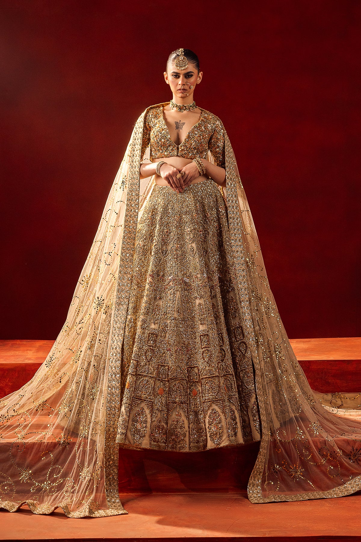 Gold Embellished Net Kataan Silk Masori Bridal Lehenga (3-Piece) - Image 1