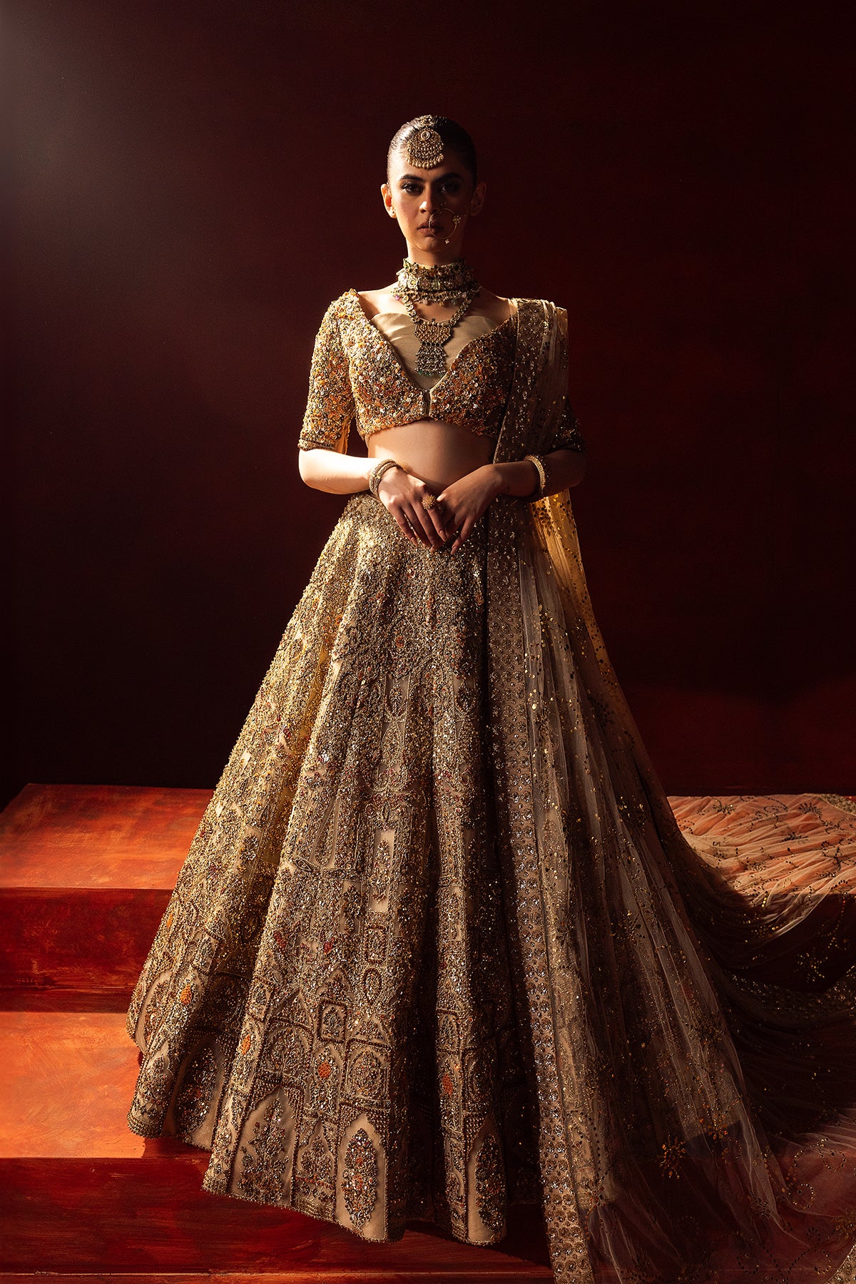 Gold Embellished Net Kataan Silk Masori Bridal Lehenga (3-Piece) - Image 2