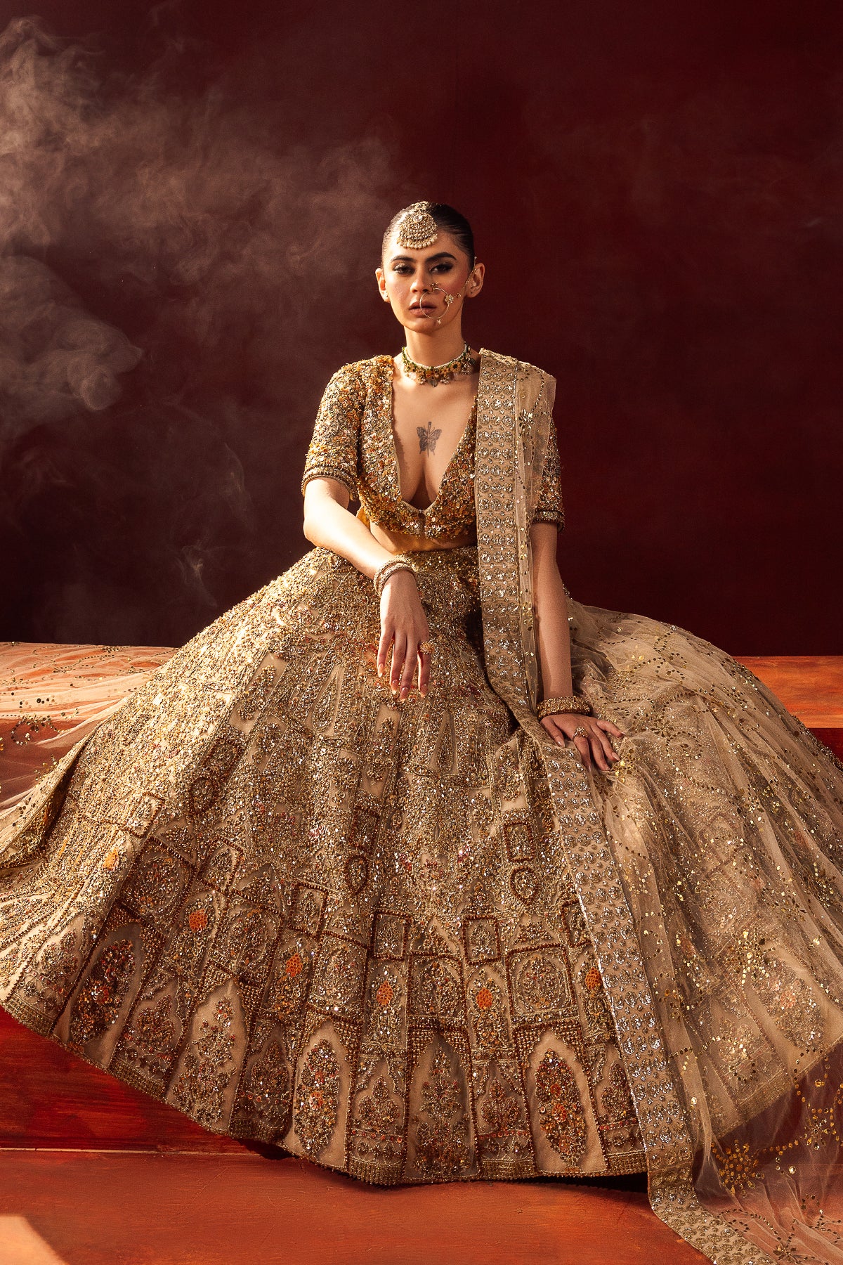 Gold Embellished Net Kataan Silk Masori Bridal Lehenga (3-Piece) - Image 5