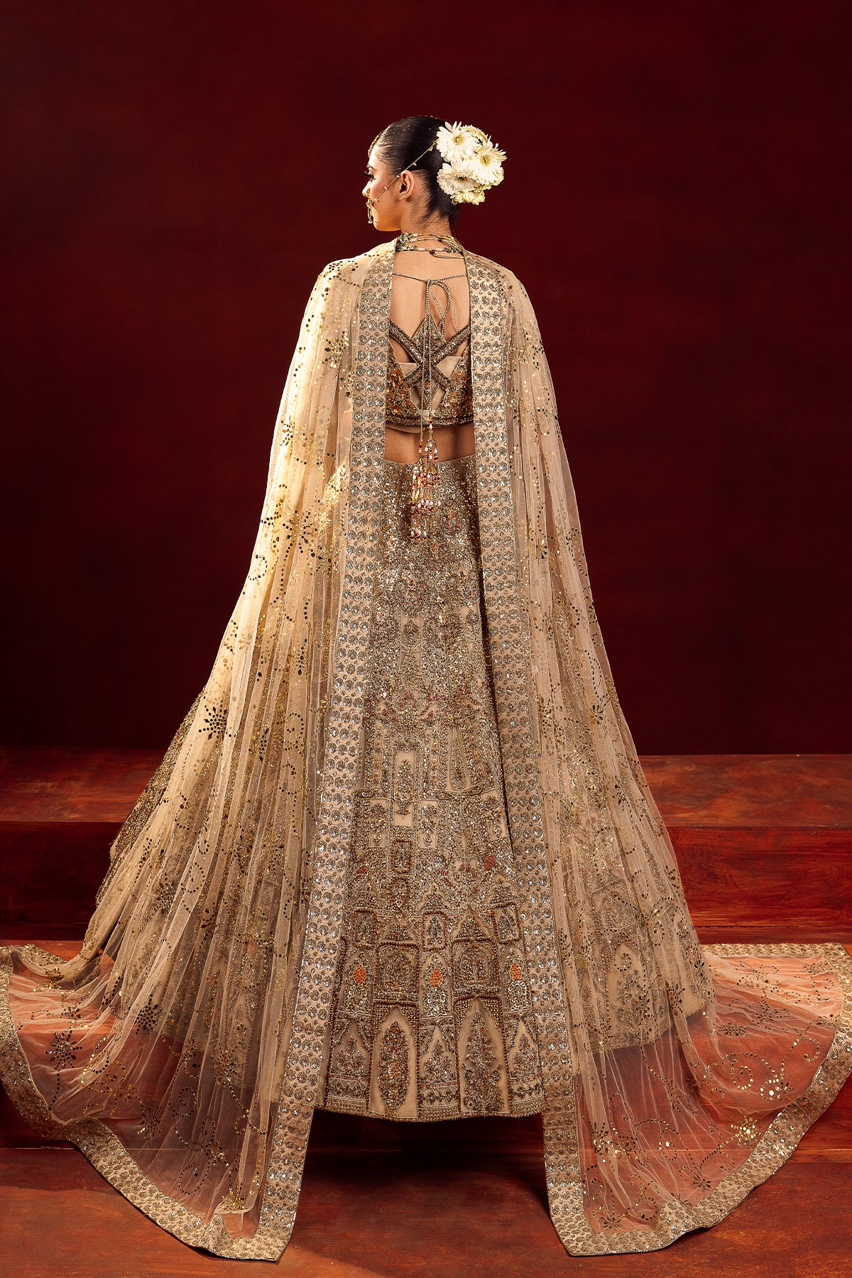 Gold Embellished Net Kataan Silk Masori Bridal Lehenga (3-Piece) - Image 6