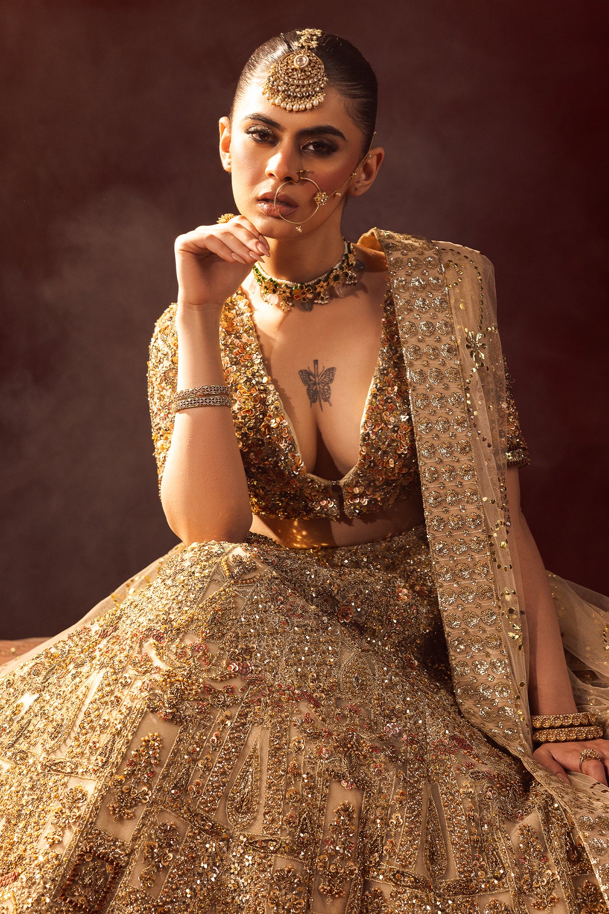 Gold Embellished Net Kataan Silk Masori Bridal Lehenga (3-Piece) - Image 7