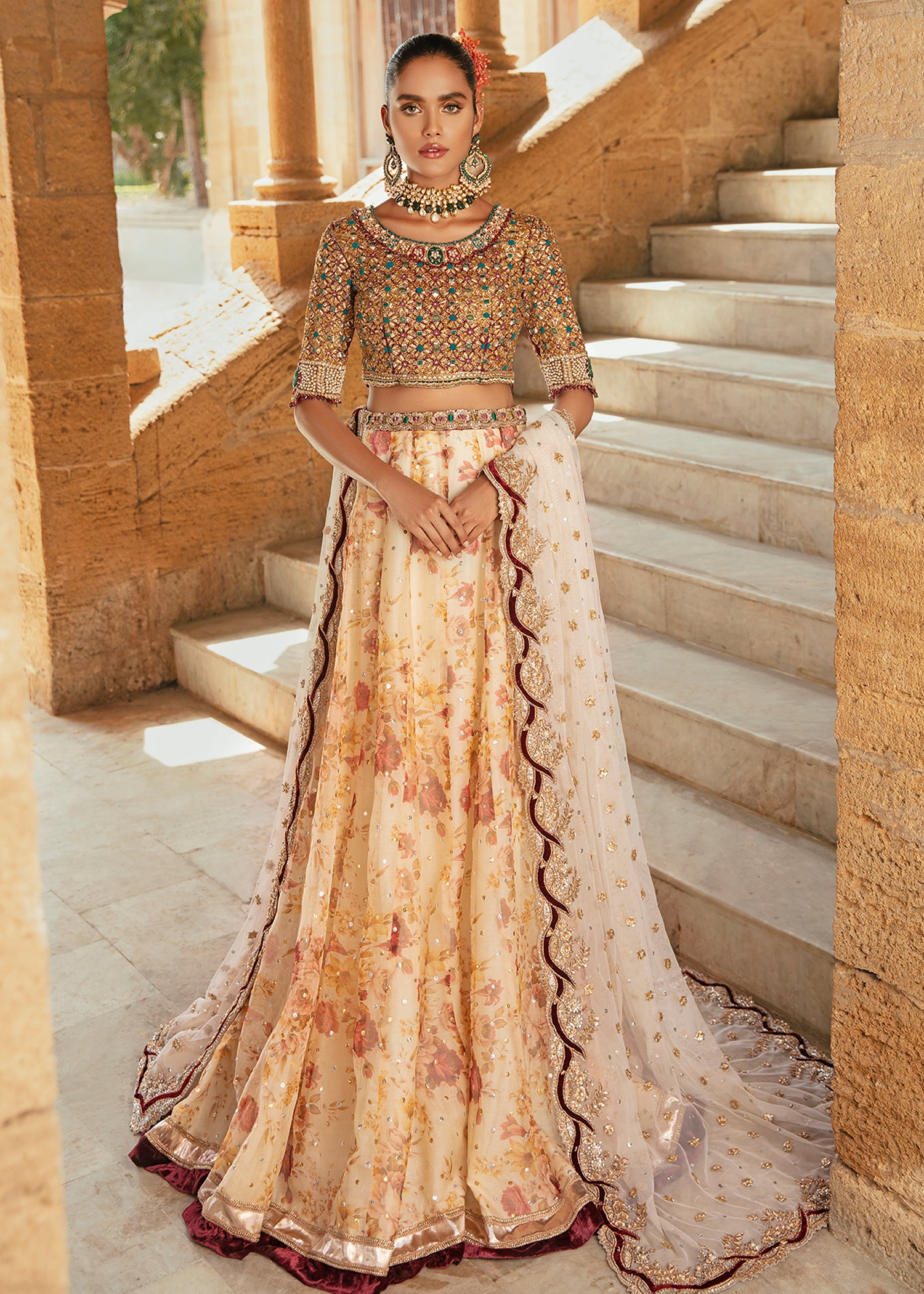 Gold Embellished Katan Silk Brocade Lehenga (3-Piece) - Image 1