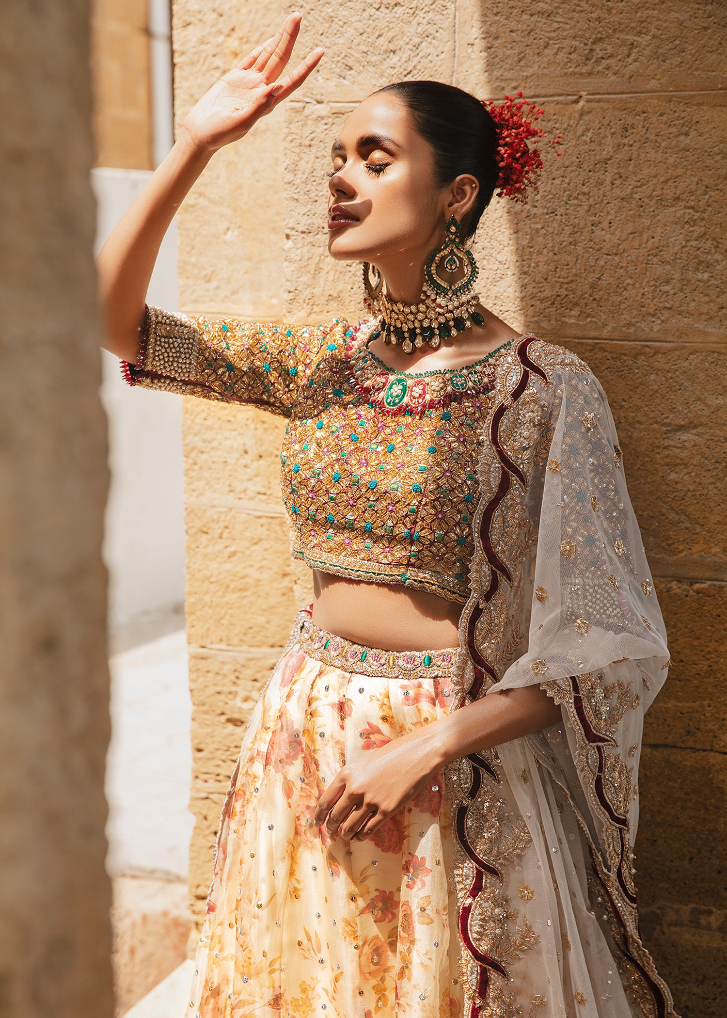 Gold Embellished Katan Silk Brocade Lehenga (3-Piece) - Image 2