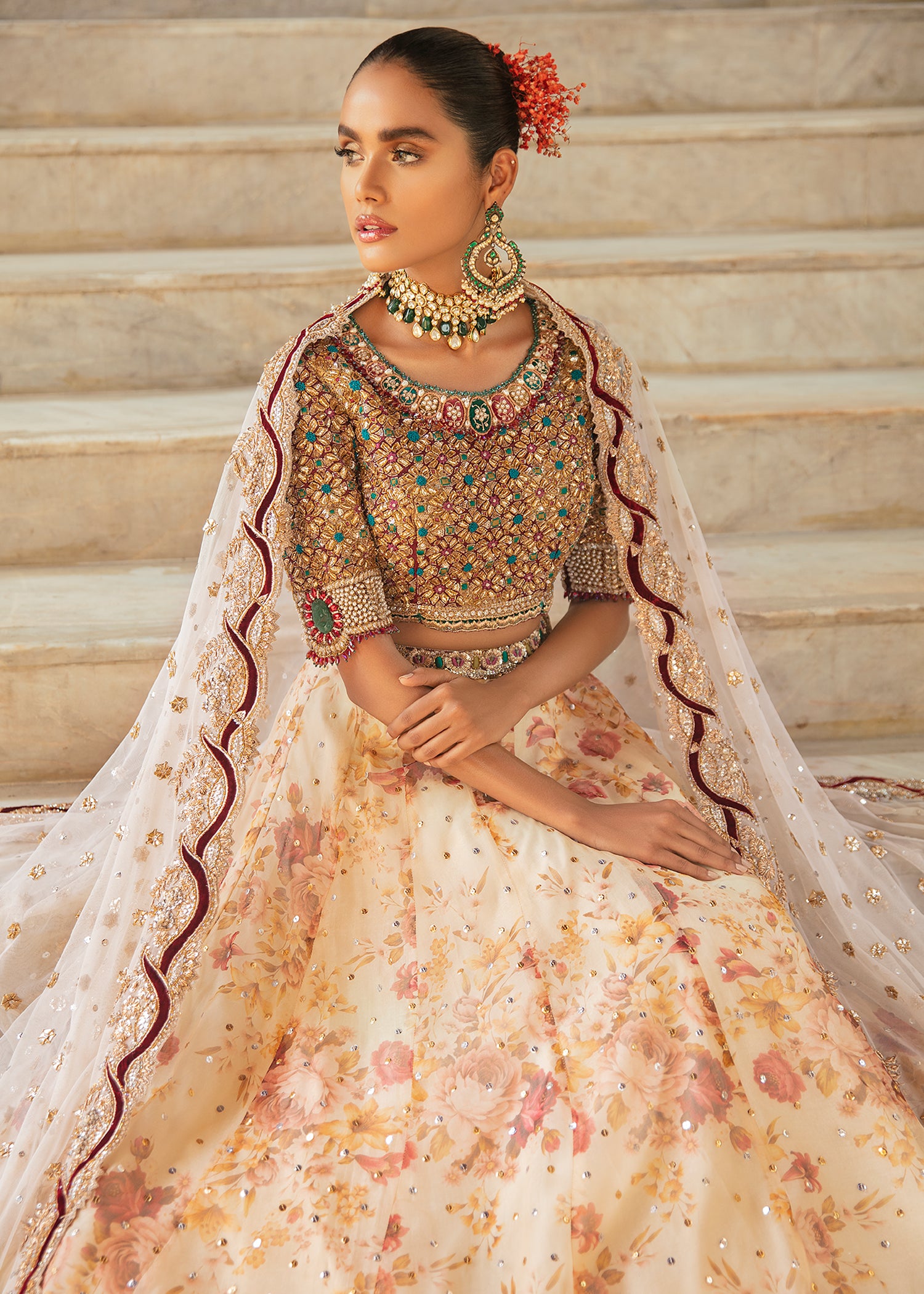 Gold Embellished Katan Silk Brocade Lehenga (3-Piece) - Image 3