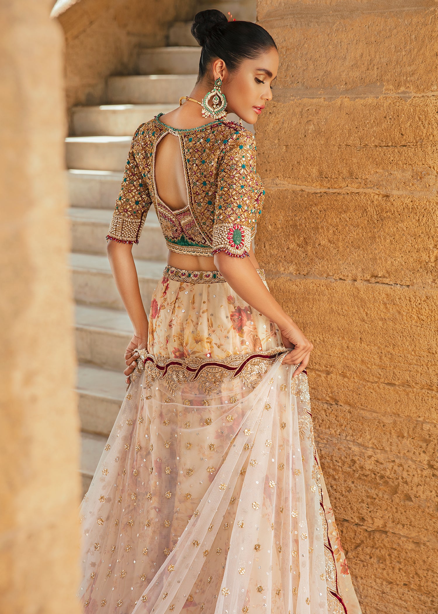 Gold Embellished Katan Silk Brocade Lehenga (3-Piece) - Image 4