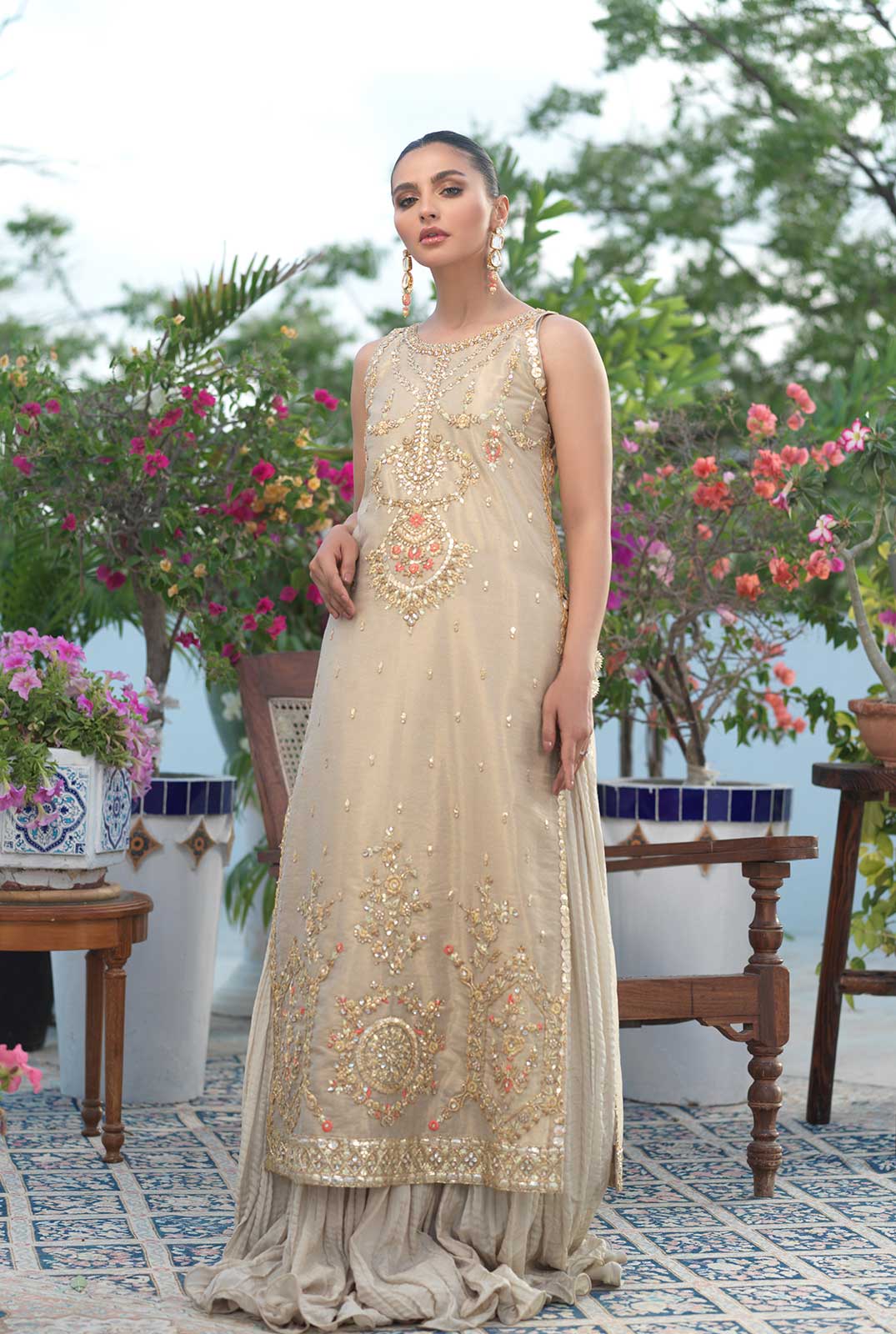 Pakistani Gold Zardozi Meysuri A-Line Shirt & Silk Lehenga (2-Piece) - Image 2