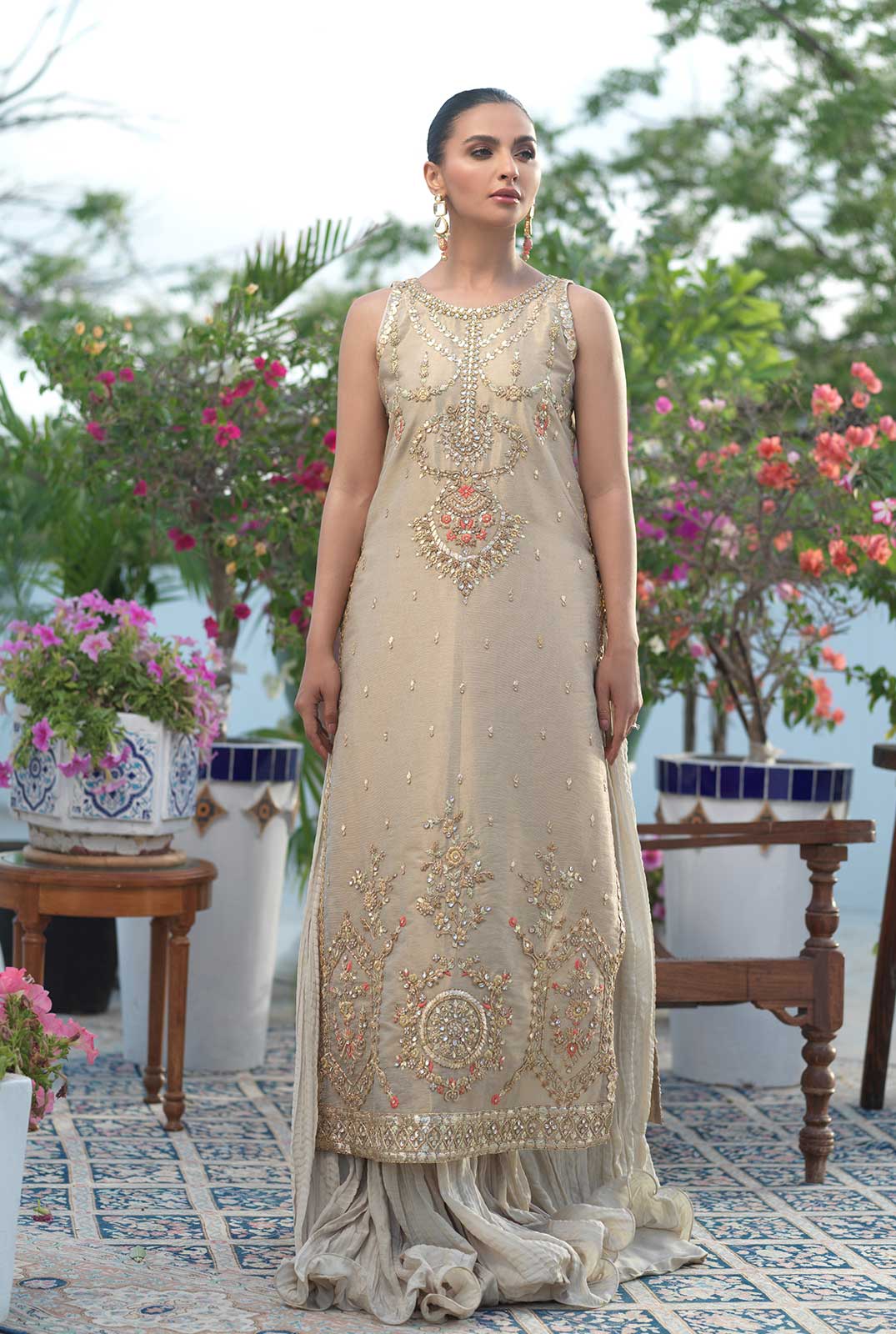 Pakistani Gold Zardozi Meysuri A-Line Shirt & Silk Lehenga (2-Piece) - Image 3