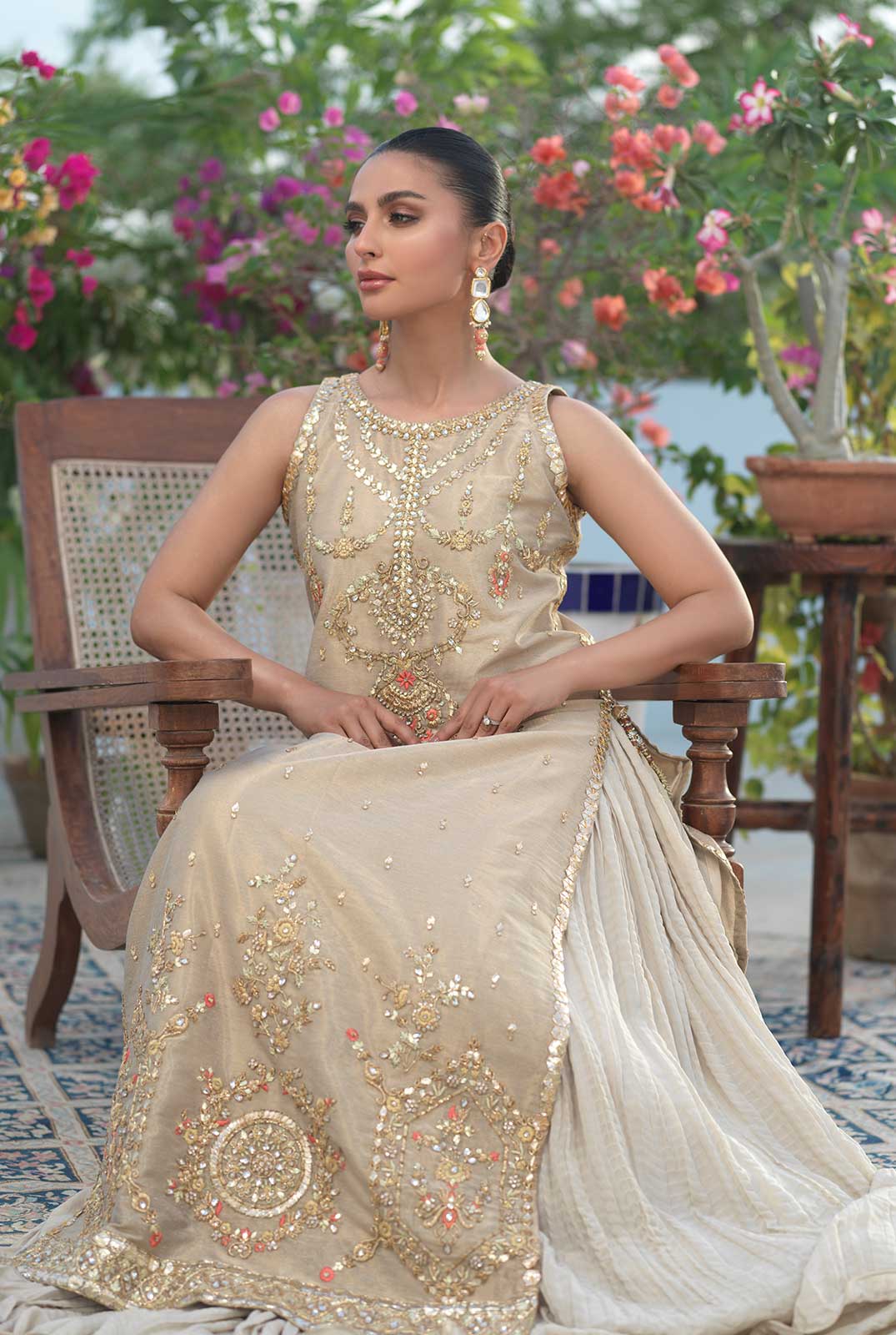 Pakistani Gold Zardozi Meysuri A-Line Shirt & Silk Lehenga (2-Piece) - Image 4