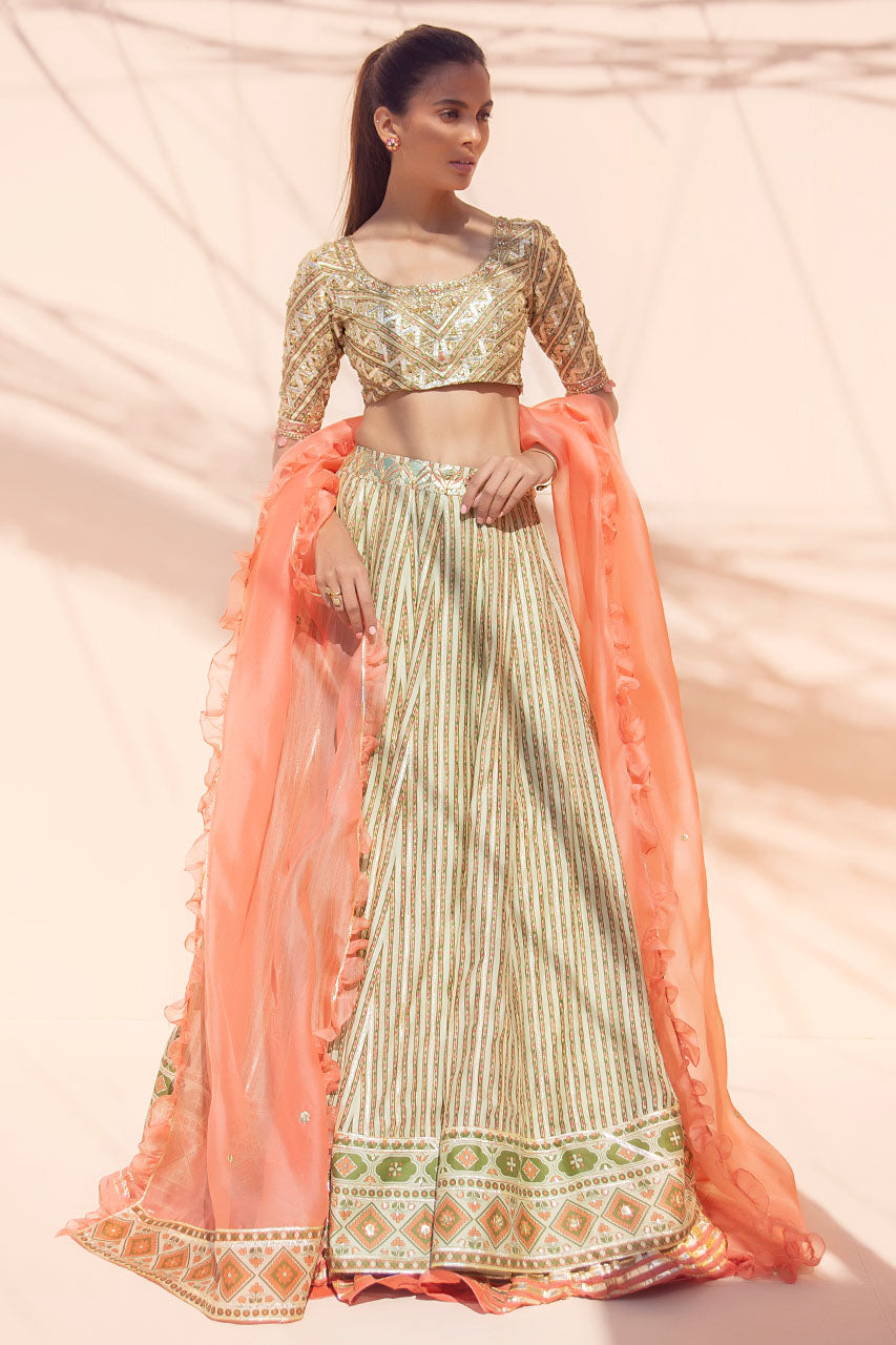 Pakistani Gold Gota Embroidered Khaddi Silk Lehenga (3-Piece) - Image 1